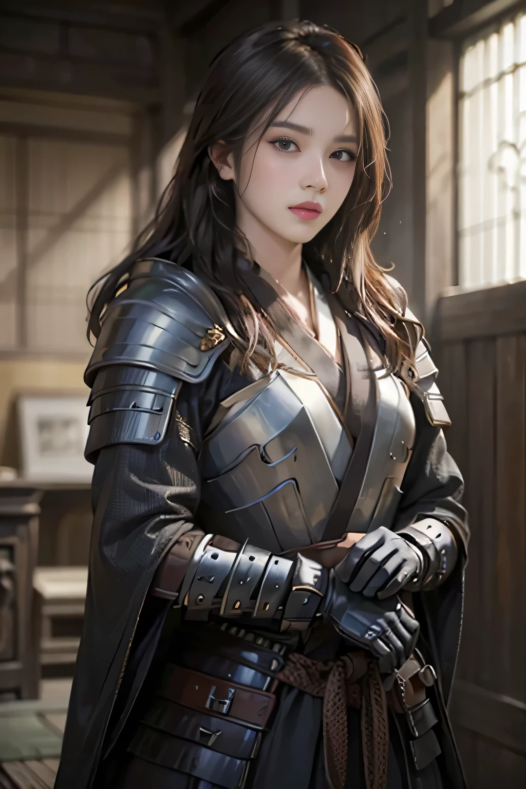 ((top-quality)), ((​masterpiece)), (high-detail:1.3)、medium shot, 1girl in、Mascatia、armor、samurais、perfectly proportionedieval armor、Black kimono、