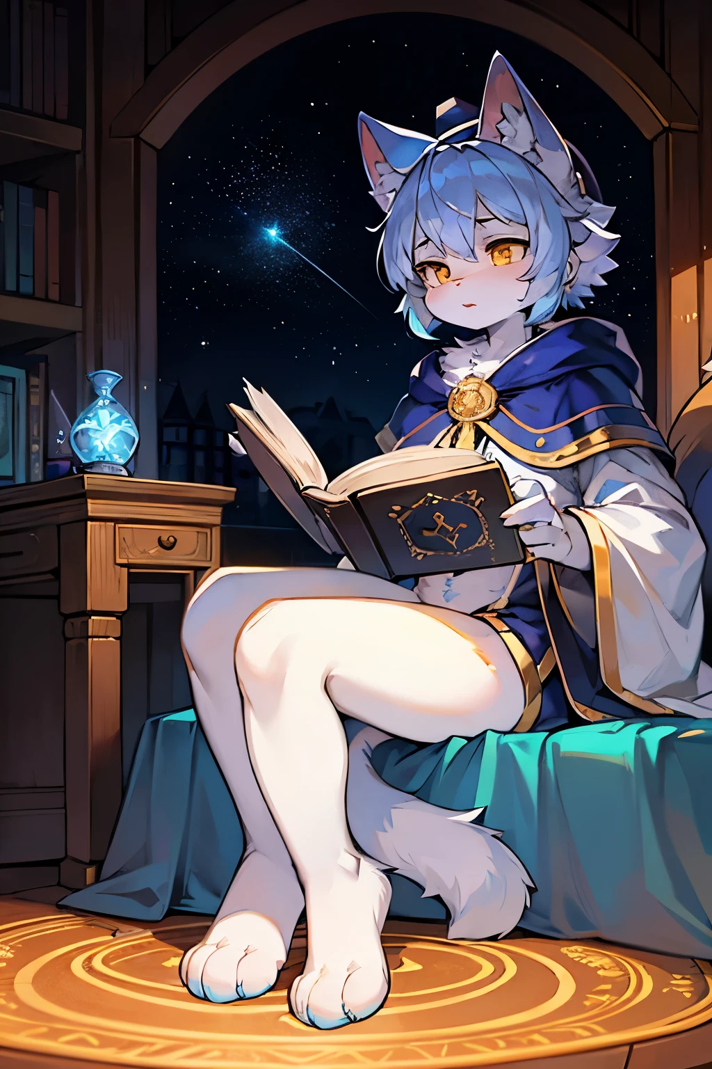 Cat，hairy，fluffy hair，furry，Mage hat，Mage Robes，Q version，cute，Simple art style，Cartoon style，golden eyes，see stars，Ears with blue hair and ear tips with white hair，white paws，blue hair on back，Tail blue with white tip，sitting，read a book，magic potion，magic circle