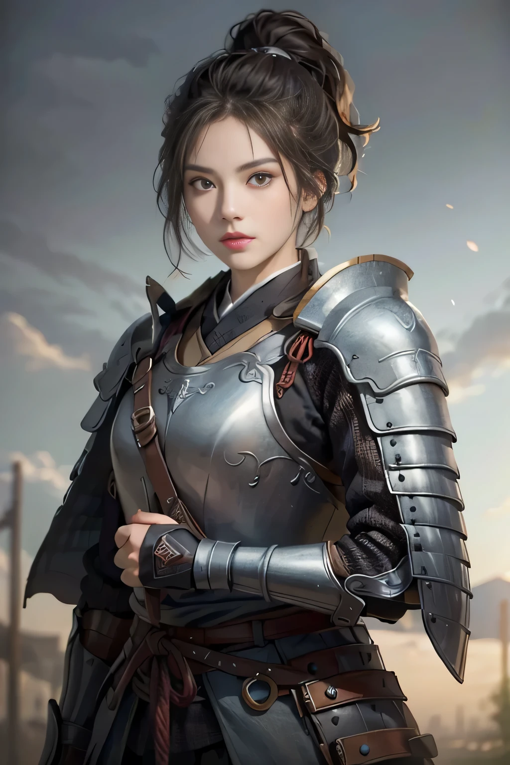 ((top-quality)), ((masterpiece)), (high-detail:1.3)、medium shot, 1girl in、Mascatia、armor、samurais、perfectly proportionedieval armor、Black kimono、
