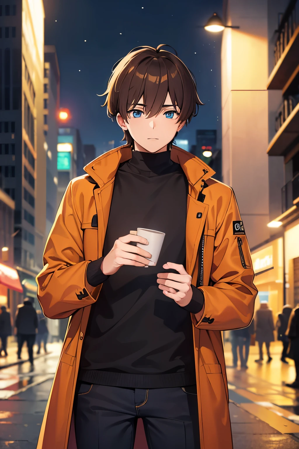 (best quality,4k,8k,highres,masterpiece:1.2),ultra-detailed,realistic:1.37,anime,anime style,fate style,young man,orange coat,rifle with acog,taking cover,in a shootout,brown hair,blue eyes,snowy city,portrait,landscape,casual clothes,winter,warm breath,glowing streetlights,quiet,calm ambiance,sharp focus,vivid colors,bokeh