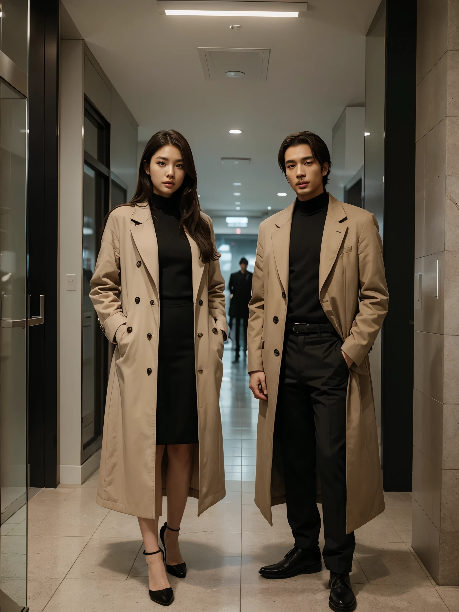 a man and a woman standing next to each other, an image, inspired by Adam Dario Keel, which is trending in the cg community, beautiful young Korean woman, long coat, movie screencap, model elisajes from acquamodels