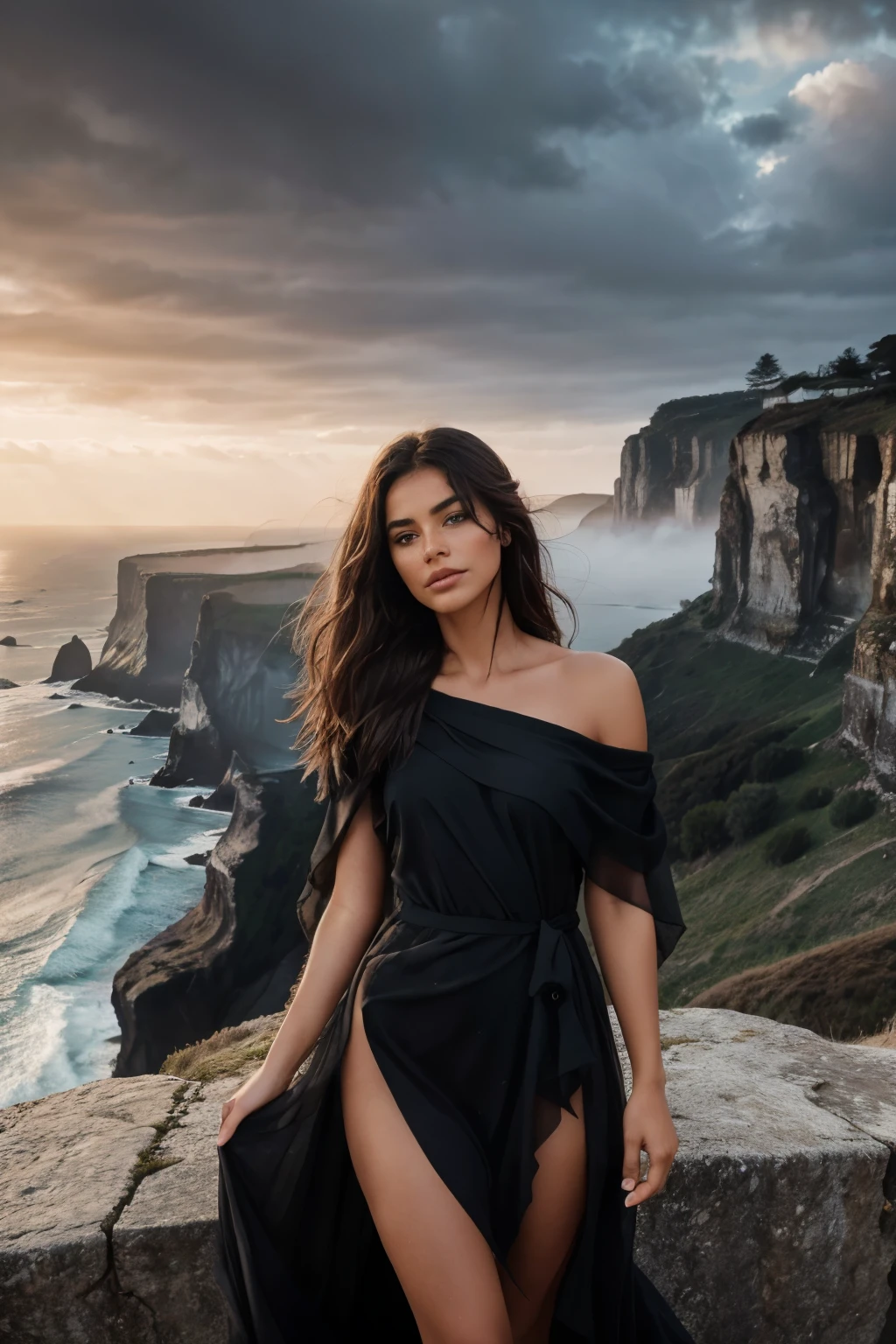 Create a hyper-realistic image of the influencer standing boldly on a cliff edge veiled in mist, overlooking a windswept coastline bathed in moody atmospheric lighting. Her poignant expression, framed by the setting sun, invites viewers into her introspective world, adding an emotional depth and intrigue to the scene. This masterpiece of a photograph, captured in best quality and HD-resolution, boasts intricate details and sharp focus, focusing on the textured layers of her skin and realistically rendered hair. Her dress, swept by the wind, blends seamlessly with the raw beauty of the landscape, while her soulful eyes tell a deeply engaging story in this award