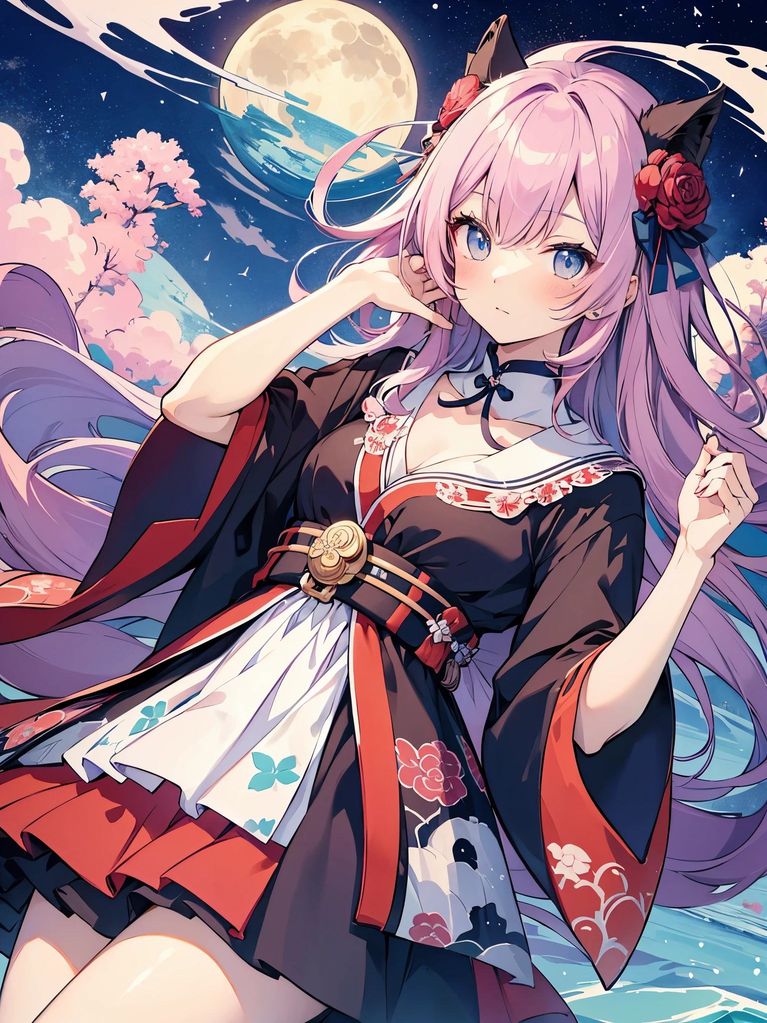There is a very large moon in the background，unter den Sternen, eine Katze mit rosa Haar sitzt auf einem Ast，junge Erwachsene，girl, rosane Kleidung，ethereal cat，Dreamy，detaillierte Kunst，a beautiful artwork illustration，Fabelwesen，schwarze Katze，Beautiful digital artwork，Kirschblütenbaum, Sky blue pink and purple colored, T-Shirt Design, Langhaariges Anime-girl mit Katze und Katze, cute Anime-Katzegirl, Anime-girl mit Katzenohren, Anime-Katzegirl, Anime-Katze, Very beautiful Anime-Katze girl, beautiful Anime-Katzegirl, very beautiful sweet cat girl, girl mit Katzenohren, Katzenfrau, nekomimi, Anime visual of a cute cat, Süßes Anime-girl, cute anime face, Farben rosa und mint, Haarfarbe light pink, cute clothes, pastellfarben, Katzenschwanz, plüschig, Hokusai Stil, Hokusai Welle, traditioneller japanischer Stil, Hokusai Kunst
