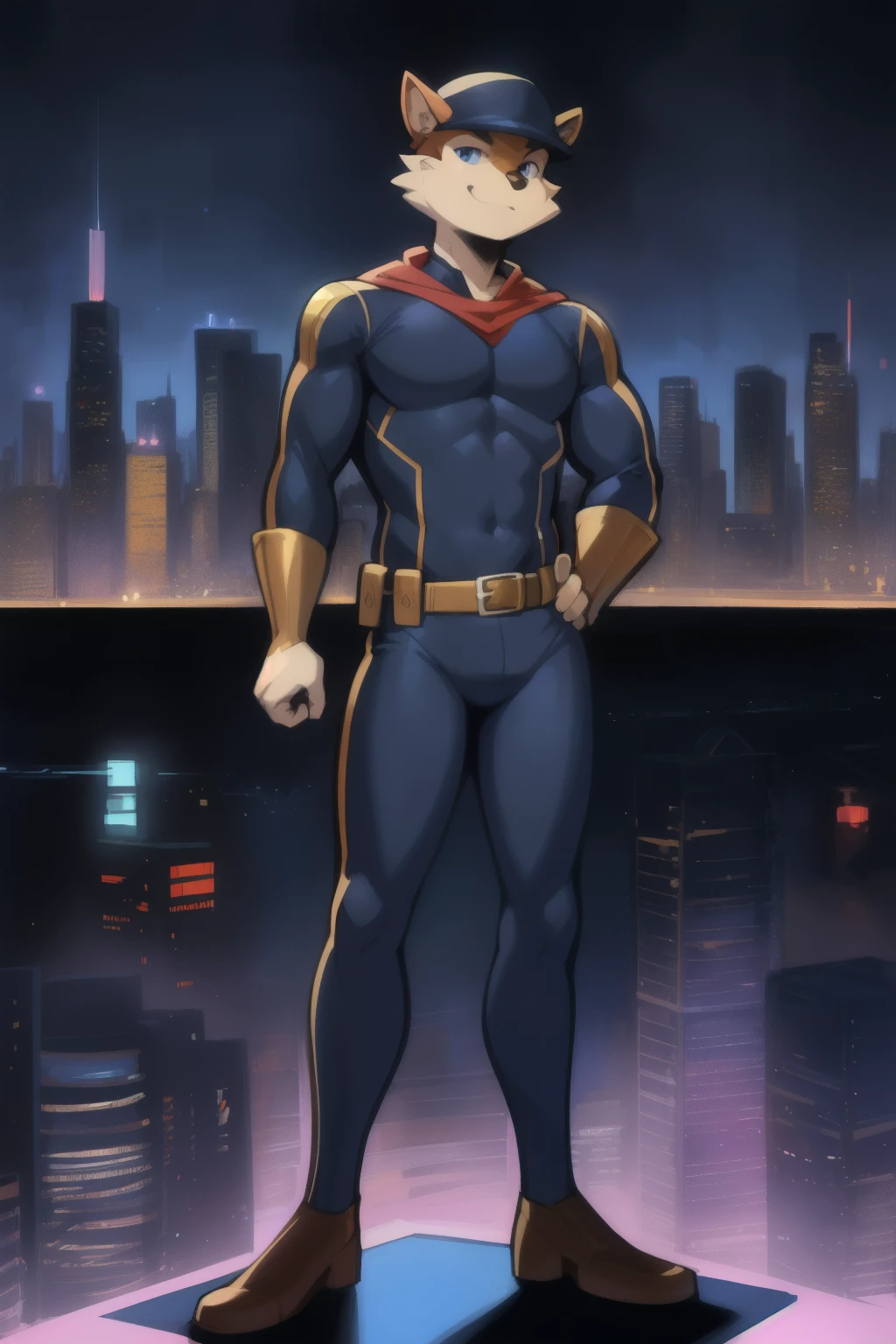 Solo, standing, superhero, cityscape, dark yellow & indigo, mike mayhew style, harmonious coloration, full body, dark navy suit with light beige accents, norman bluhm influence, simon vouet esque pose, by mysterious artist s2.