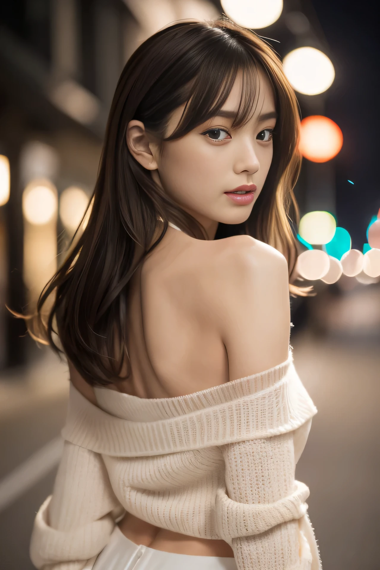 High resolution, RAW photo, realistic, very delicate and beautiful, very detailed, finely, very detailed CG Unity 8K 壁紙, super detailed, (highest quality, 8k, 32K, masterpiece, Hmm:1.2), Photo of a cute Japanese model walking in a downtown area at night, beautiful and detailed face, beautiful clear eyes, delicate figure, medium hair, slender body, off shoulder sweater, think back