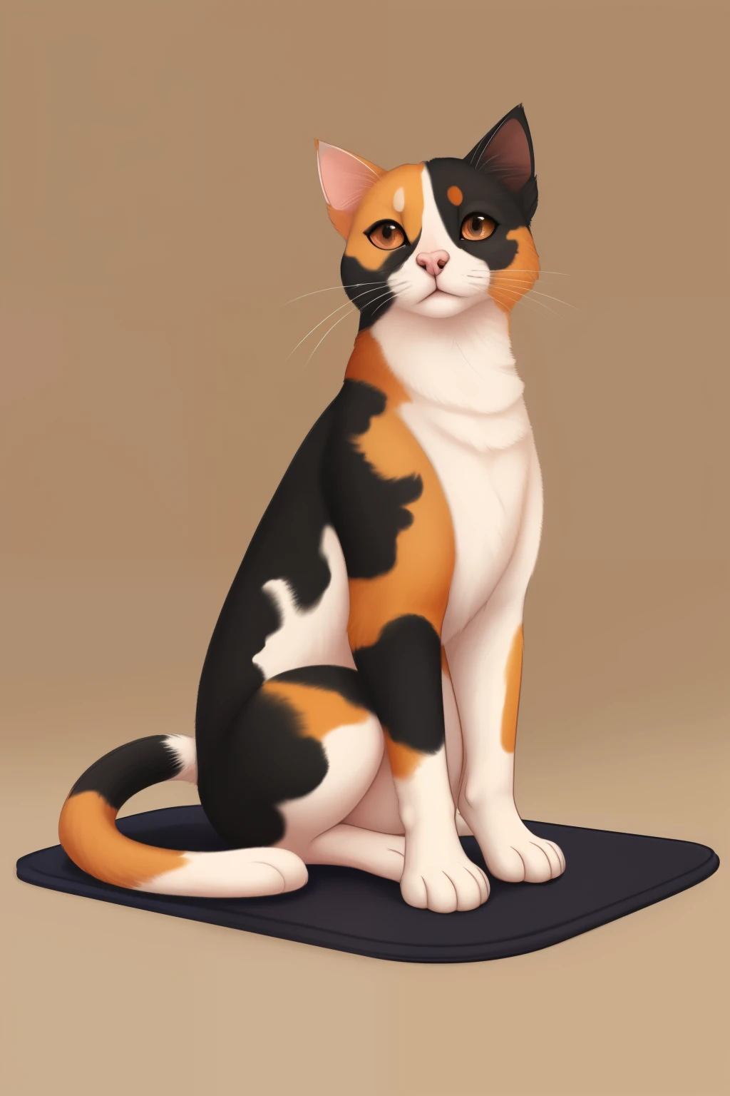 Calico cat, simple background, ((feminine)), solo, 1 cat, high resolution, best quality, masterpiece, perfect colors, ((relaxed)), posting on e621, (by ArtisticWhiskers, by CalicoPainter), anthro, furry, furry art, ((portrait)), Feline, calico fur pattern, pink nose, whiskers, tail curled, relaxed posture, sitting on a mat, simple and clean background.
(Calico gato, fondo sencillo:1.1), ((obra maestra:1.2)), ((mejor calidad:1.1)), 2d:1.0, fur