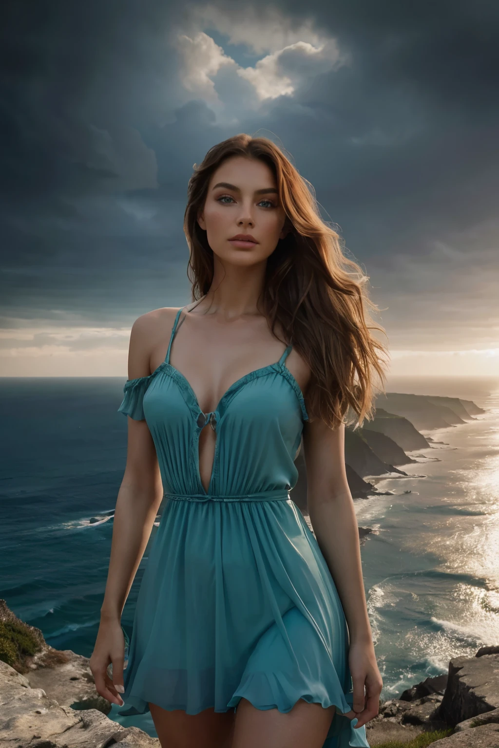 Create a hyper-realistic image of the influencer standing majestically on a mist-shrouded cliff, overlooking a windswept coastline bathed in moody atmospheric lighting. The dramatic play of light and shadow intensifies the sense of mystery and introspection, captivating viewers with the model's poignant expression. This masterpiece, an award-winning photograph, boasts breathtaking high-definition quality, revealing every intricate detail in her ethereal visage. Her cascading wavy chestnut locks dance in the coastal breeze, framing her alluring features: vivid green eyes, full lips, and a chiseled complexion with hyper-realistic skin