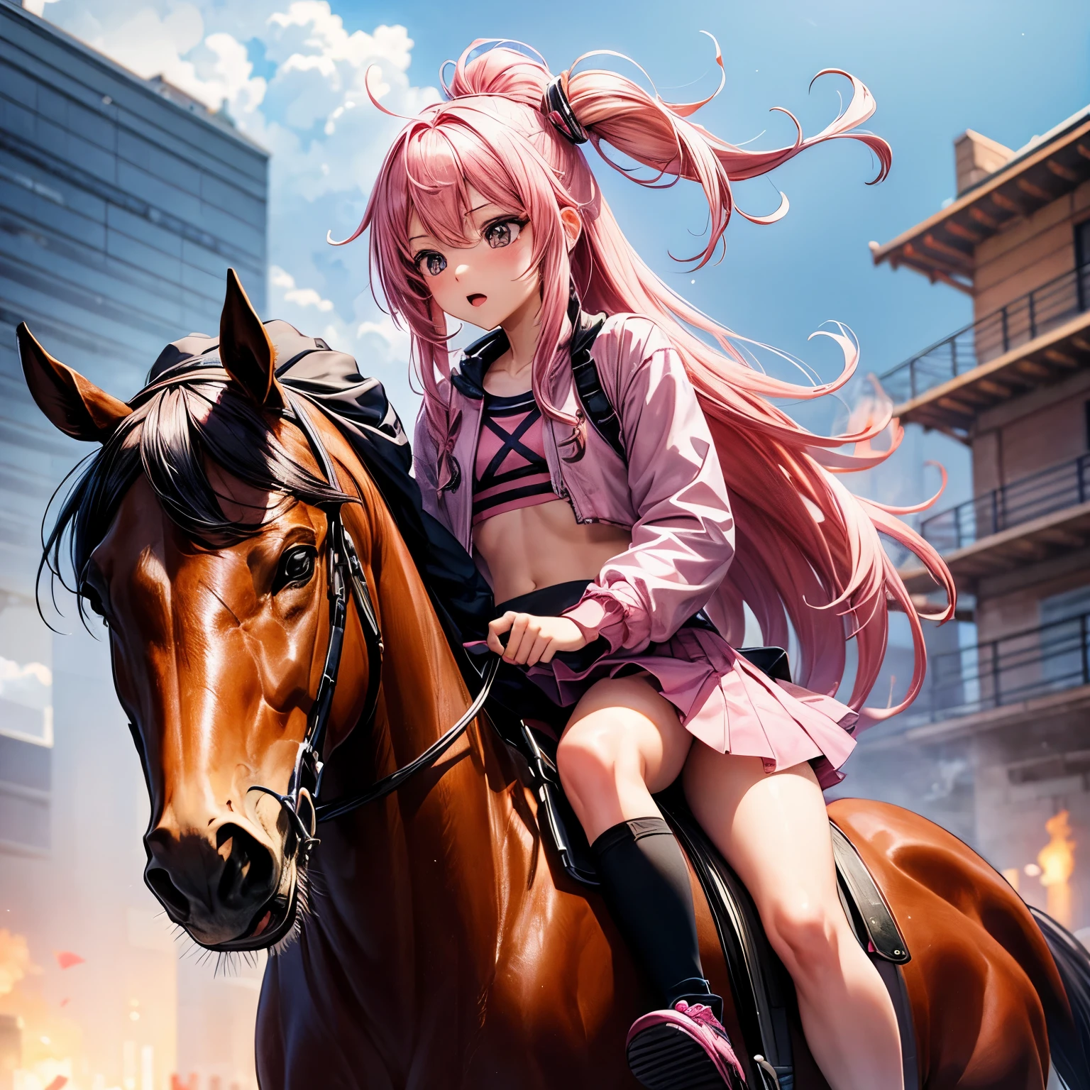 A anime girl, pink hair, pink pussy, being raped by a horse