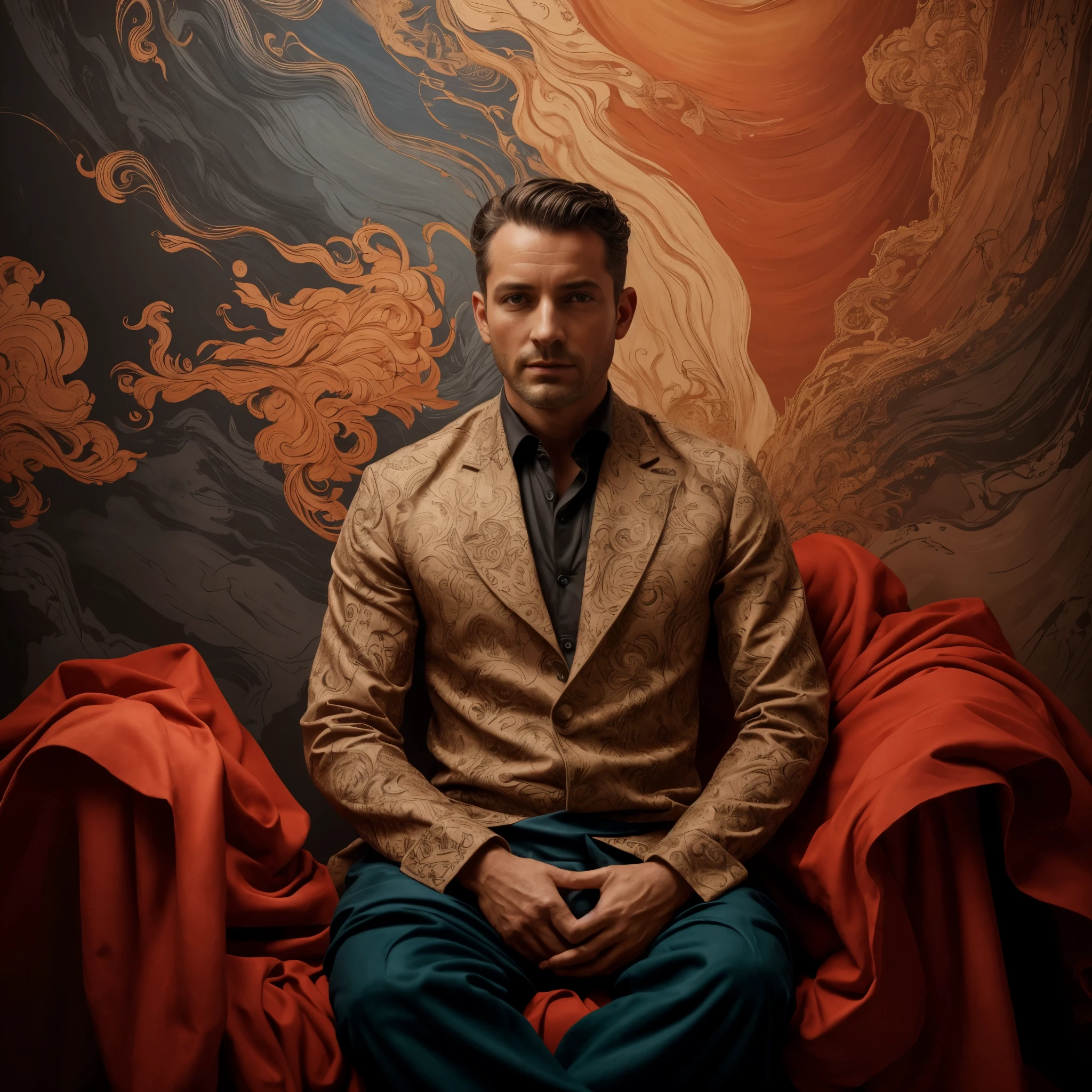 colorful pattern, paintings'oil from Flemish masters, Surrealism, beau.
Un homme Handom, 40 ans, shaved , short curly brown hair.costume moulant noir, chemise blanche.
airy, Light in contrast, Very detailed, hyperréaliste, ultra high definition, Couleurs vives, Very detailed, Dessin UHD, stylo et encre, composition parfaite, beau rendu d'incredibly detailed and complex octane, tendance sur artstation, photographie artistique 8K, photorealistic conceptual art, Natural, soft, volumetric cinematic perfect light
