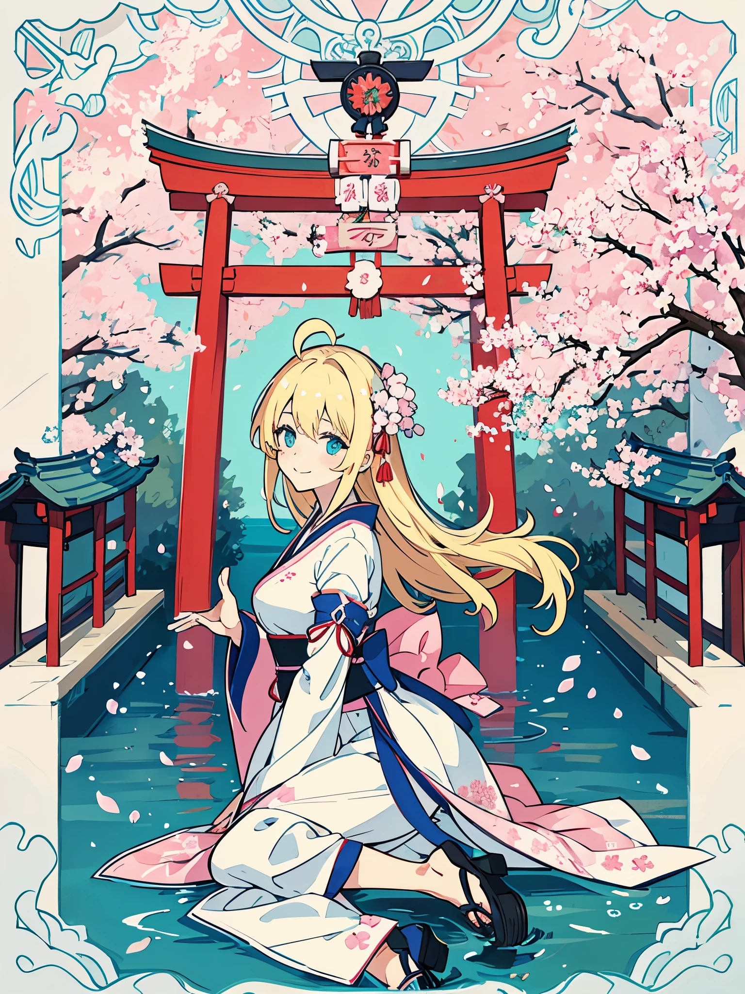 1girl,Allein,Blaue Augen,Haare lang,offene Haare,blonde Haare,Smile,Full body,Schenkel,medium breasts,traditionelle japanische Kleidung,Sweet,,japanischer Hintergrund,Schuhe Geta,ein Torii Gate im Hintergrund, Cherry blossoms fly across the picture,Hanami atmosphere,Hauptfarben rosa und mint,pastell,Sakura.