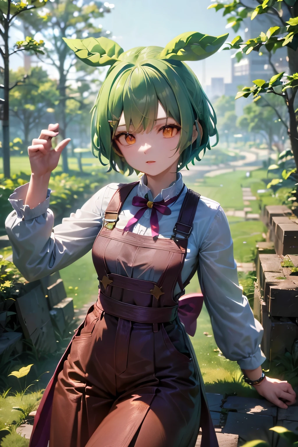 high quality, (figure:1.2), (super detailed), dark green hair,eyes are yellow,white shirt,green overalls,Rose, hairpin, outdoors, landscape, Depth of the bounds written