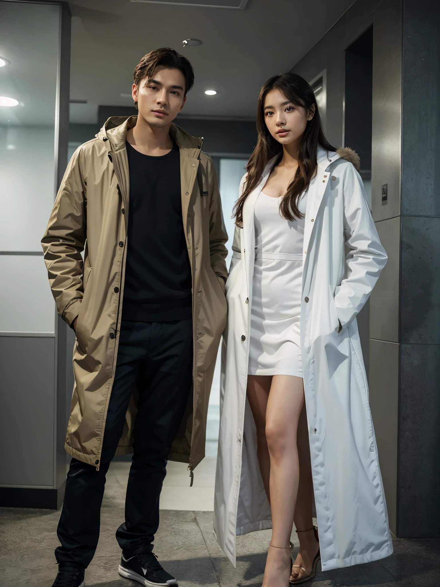 SeaART Promt
a man and a woman standing next to each other at a Party, an image, inspired by Adam Dario Keel, parka jacket, which is trending in the cg community, beautiful young Korean woman dressed in Long party dress movie screencap, model elisajes from acquamodels