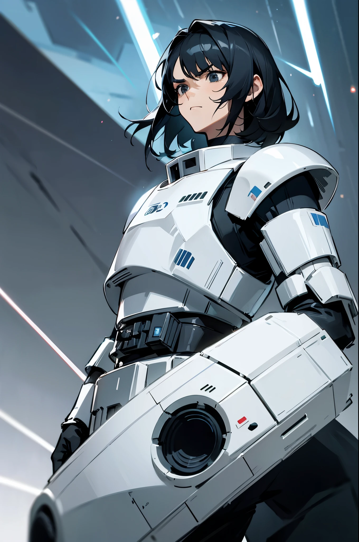 star wars, Medium Length hair , black eyes , black hair, serious expression, storm trooper armor,young male, blue helmet,
