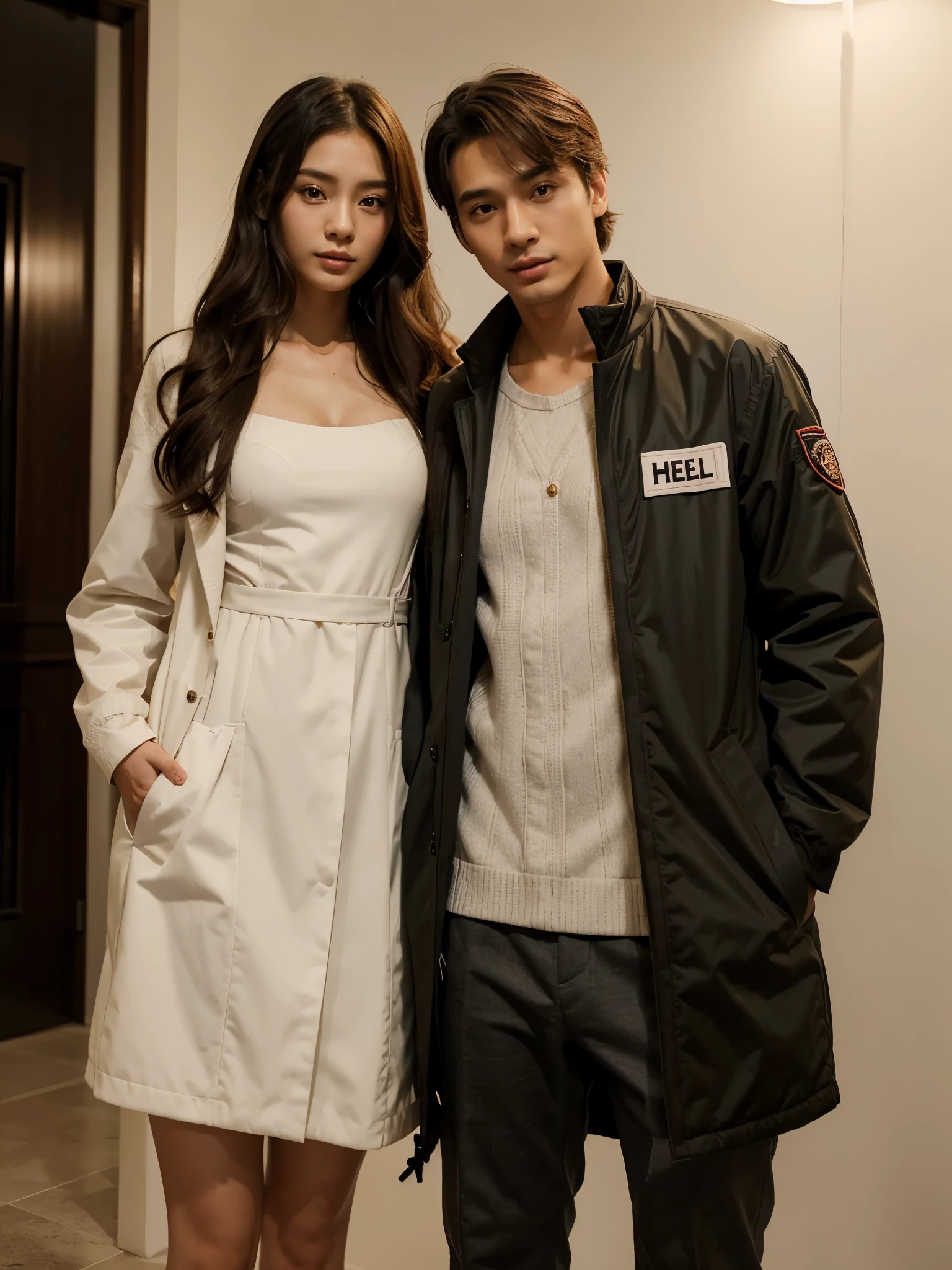 a man and a woman standing next to each other at a Party, an image, inspired by Adam Dario Keel, parka jacket, which is trending in the cg community, beautiful young Korean woman dressed in Long party dress movie screencap, model elisajes from acquamodels