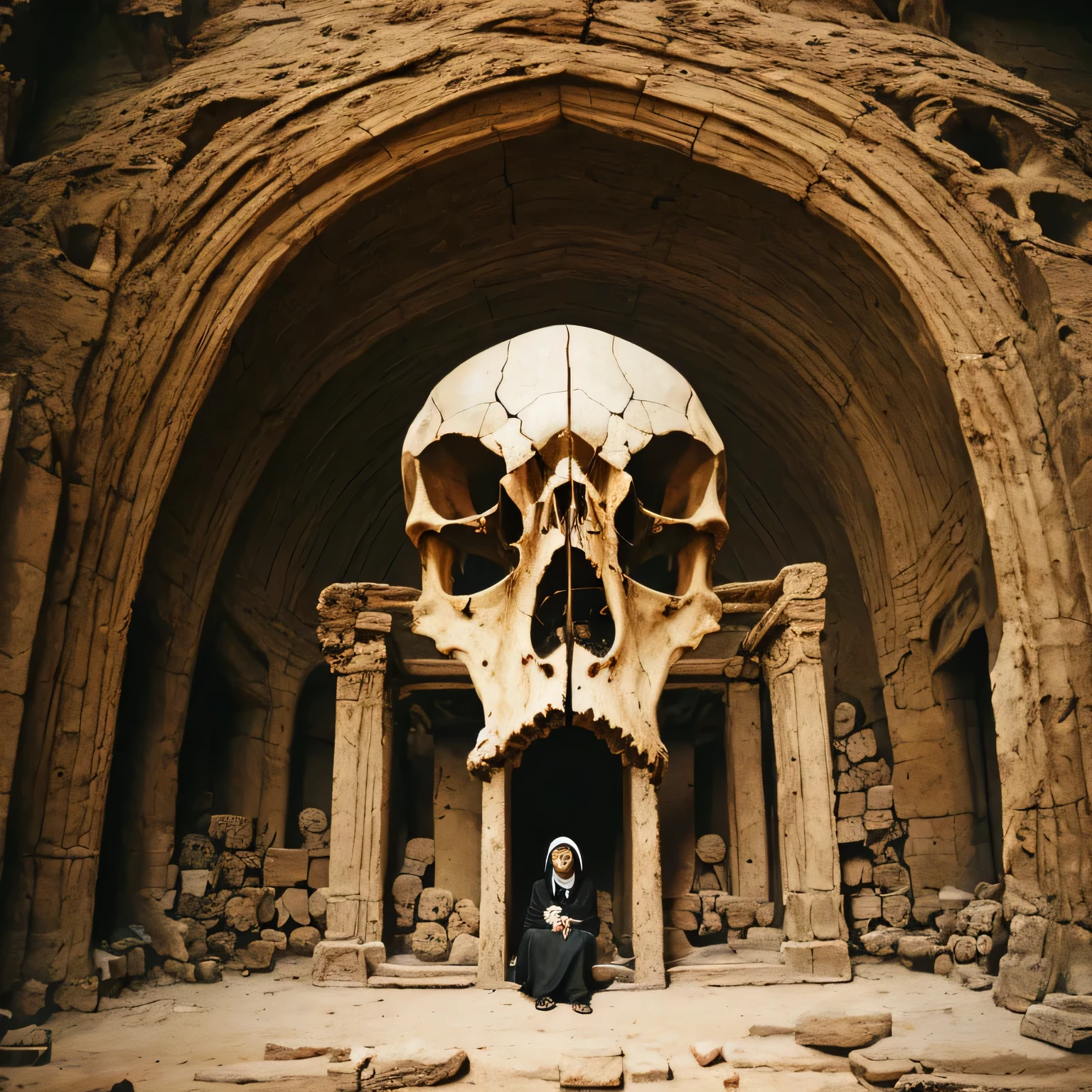 topless goat headed woman sit in the skull altar in the abyss with full of skeletons