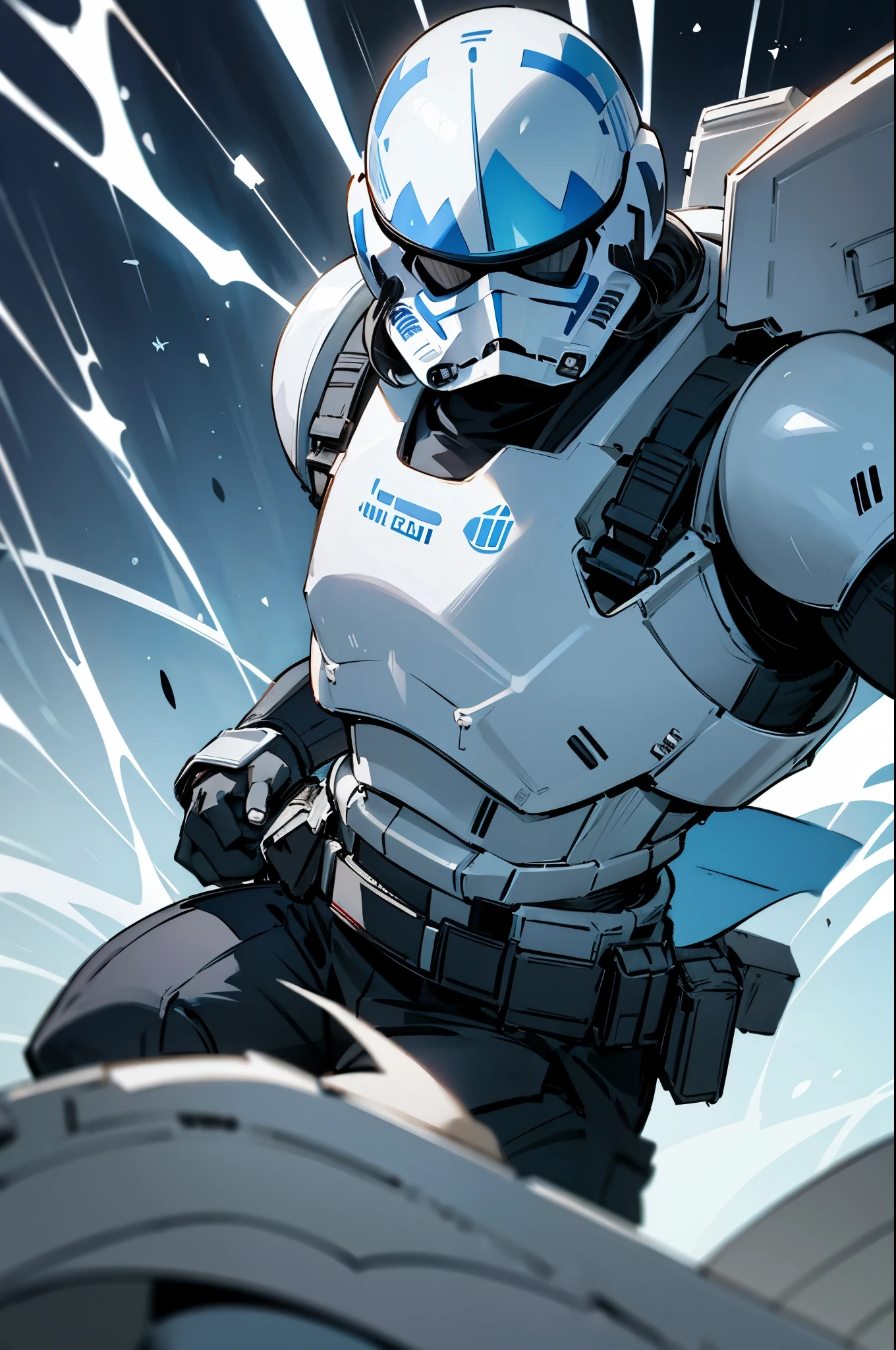 star wars, Medium Length hair , black eyes , black hair, serious expression, storm trooper armor,young male, blue helmet,
