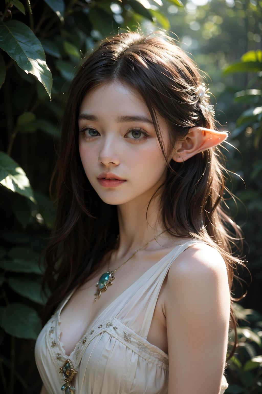 elf portrait,charming beauty,fantasy,ethereal light,pointed ears,Exquisite facial features,Elegant long hair,nature-themed clothing,Mysterious atmosphere,soft light,calm expression,With nature,subtle magical elements,serene,intricate jewelry,fantastic quality,pastel colors,