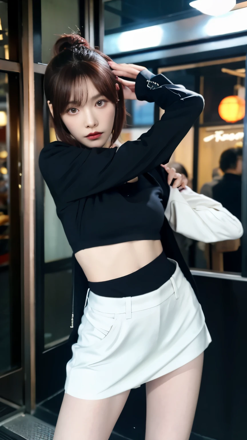 Female yakuza leader active on the streets of Japan, A group of gang members stood behind,angry look,mixed korean,The background is blurred,focal,movie lighting,(((master piece))), ((best quality)), ((complex and detailed)), ((ultra realistic realism)), ridiculous solution, mature woman, mature woman, See-through, very detailed, enlightenment, 1 girl, (huge tit), thin waist and thick hips,long legs,beautiful and fine eyes, short and fine hair, brunette colored hair, purple eyes, (Gangster Suit:1.2),Has tattoos,Big flower arms,Full of tattoos,Japanese Yakuza,Kamami Yamaguchi,Japanese Yamaguchi-gumi,Japanese Yakuza woman,underworld,full tattoo,Gang boss,sunglasses,blood stained the streets,time boss,Appearance full of wounds,bloody violence,sexy and feminine,(No underwear),panties, Detailed background, perfect eyes, enchanting eyes, looking at the viewer,from the front,wear light,