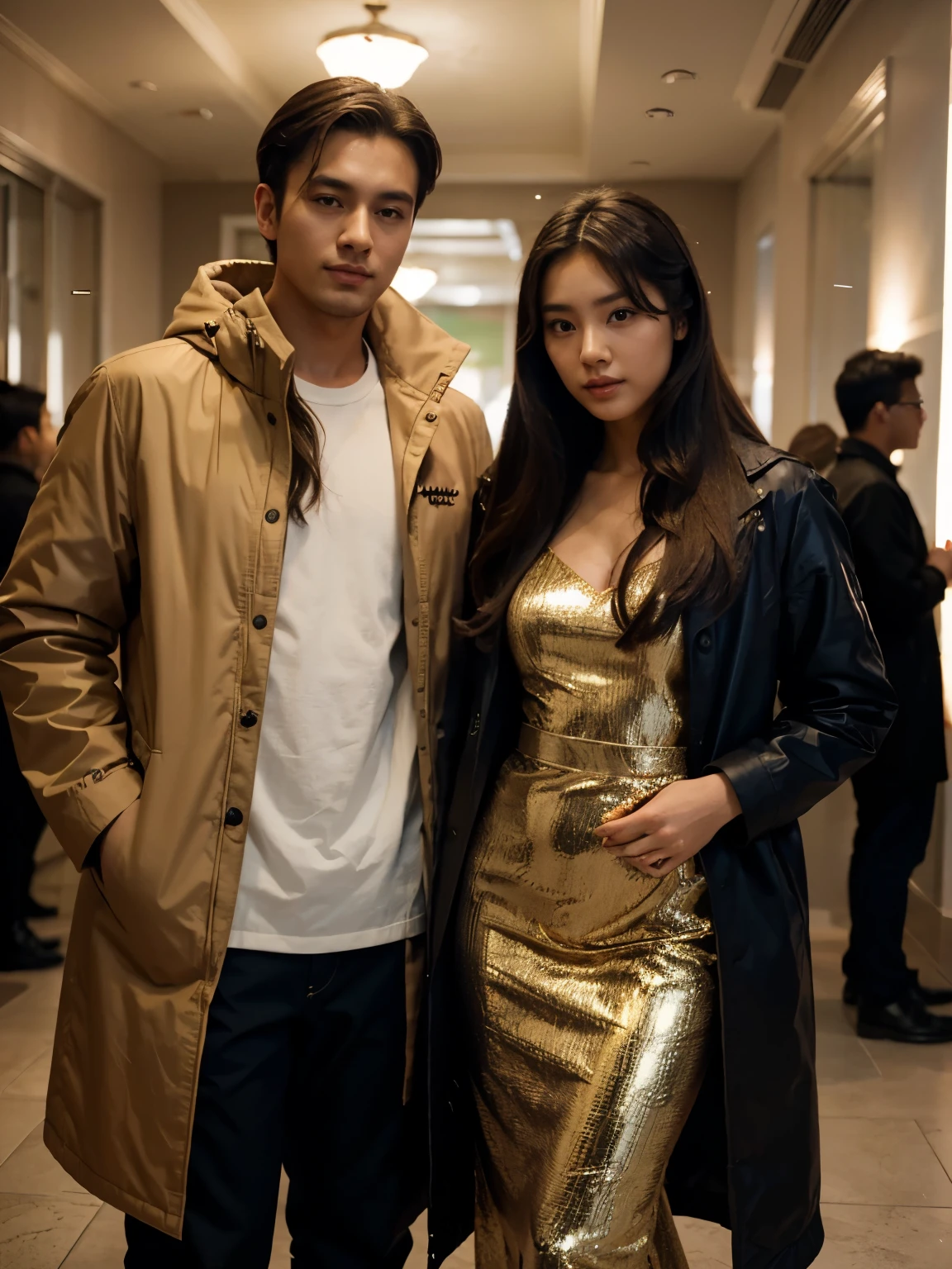 a man and a woman standing next to each other at a Party, an image, inspired by Adam Dario Keel, parka jacket, which is trending in the cg community, beautiful young Korean woman dressed in Long party dress movie screencap, model elisajes from acquamodels