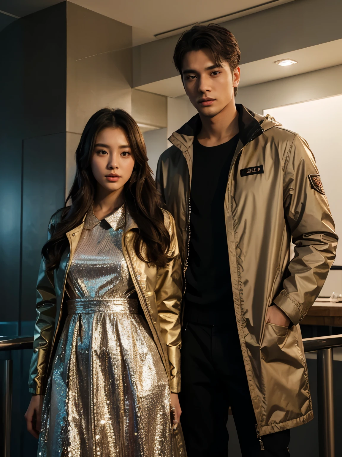 a man and a woman standing next to each other at a Party, an image, inspired by Adam Dario Keel, parka jacket, which is trending in the cg community, beautiful young Korean woman dressed in Long party dress movie screencap, model elisajes from acquamodels