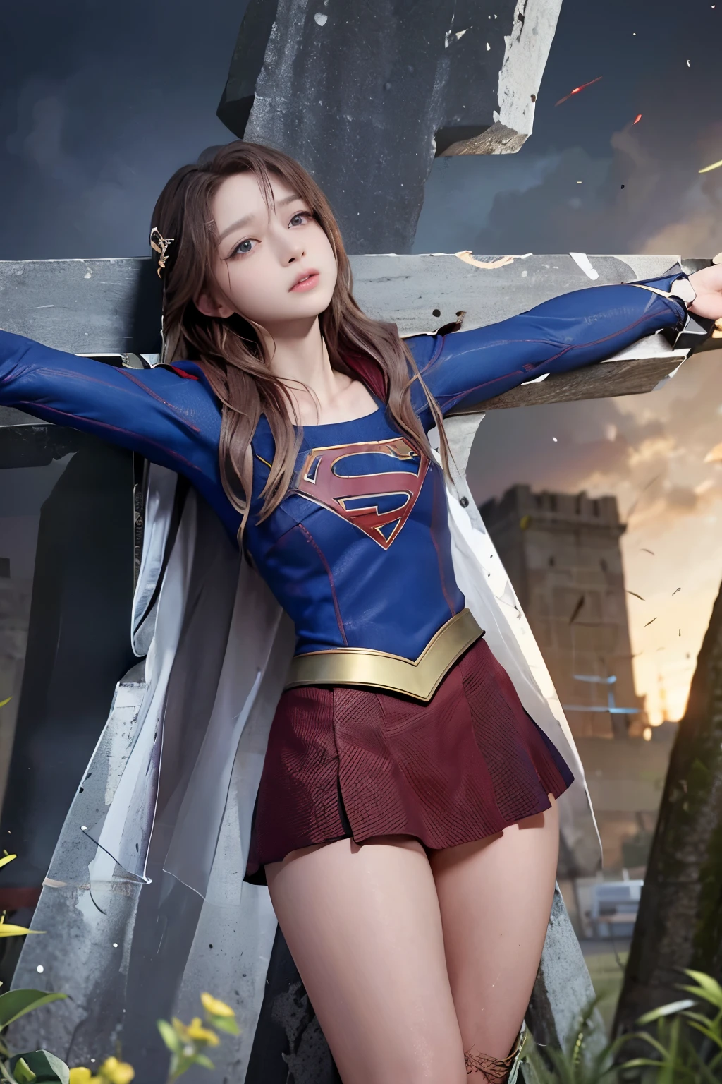 highest quality,masterpiece,UHD, Super detailed, 8K,(Beautiful woman),一人のBeautiful woman,((crucifixion)),(cross),(execution),((incontinence)),scared,torture,slave,((crossにcrucifixionにされた女性:1.5)),crucifixion刑,(supergirl),torn costume,tattered clothes,Bruises on face and body