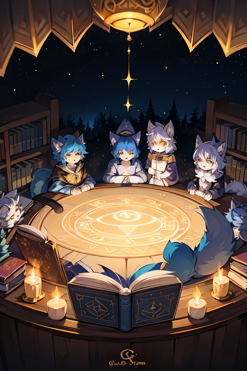 Cat，hairy，fluffy hair，furry，Mage hat，Mage Robes，Q version，cute，Simple art style，Cartoon style，golden eyes，see stars，happy expression，Ears with blue hair and ear tips with white hair，blue paw hair，blue hair on back，Tail blue with white tip，standing，read a book，magic potion，magic circle