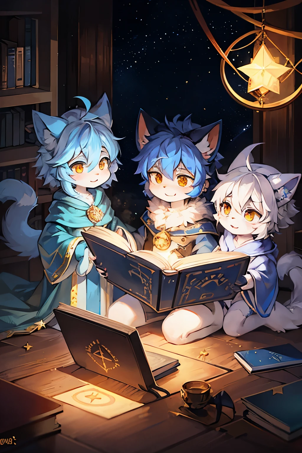 Cat，hairy，fluffy hair，furry，Mage hat，Mage Robes，Q version，cute，Simple art style，Cartoon style，golden eyes，see stars，happy expression，Ears with blue hair and ear tips with white hair，blue paw hair，blue hair on back，Tail blue with white tip，standing，read a book，magic potion，magic circle