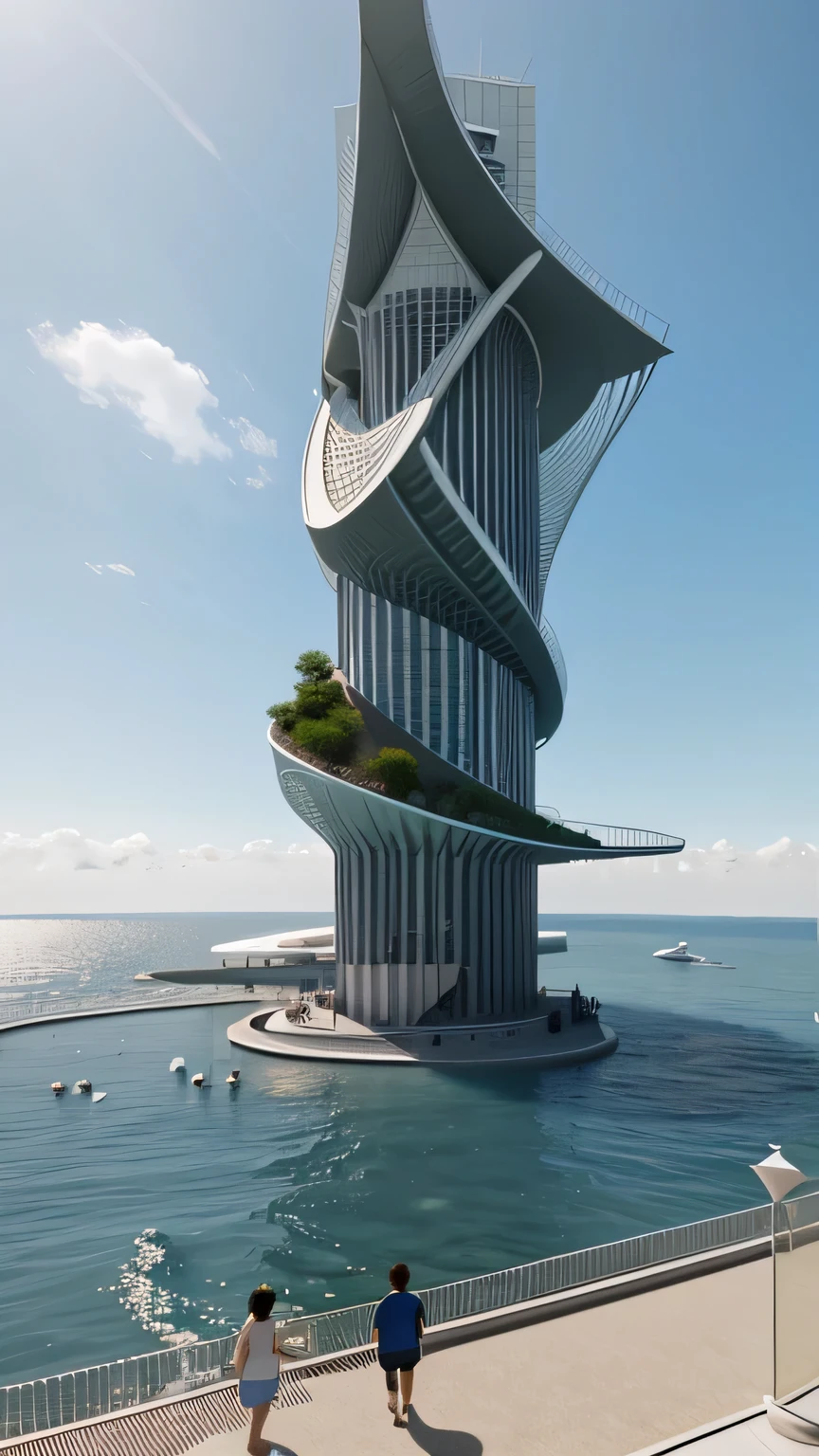 there is a tower ABOVE THE SEA as if it were the tip of an iceberg, com escadas envolventes que chegam ao seu topo. passarelas levam os visitantes da AREIA para ACIMA DO MAR, on a glass walkway to observe the marine life that occurs below your feet. Realistic rendering on a sunny day. 3D Rendering Model, conceptual rendering, Final 3D rendering.