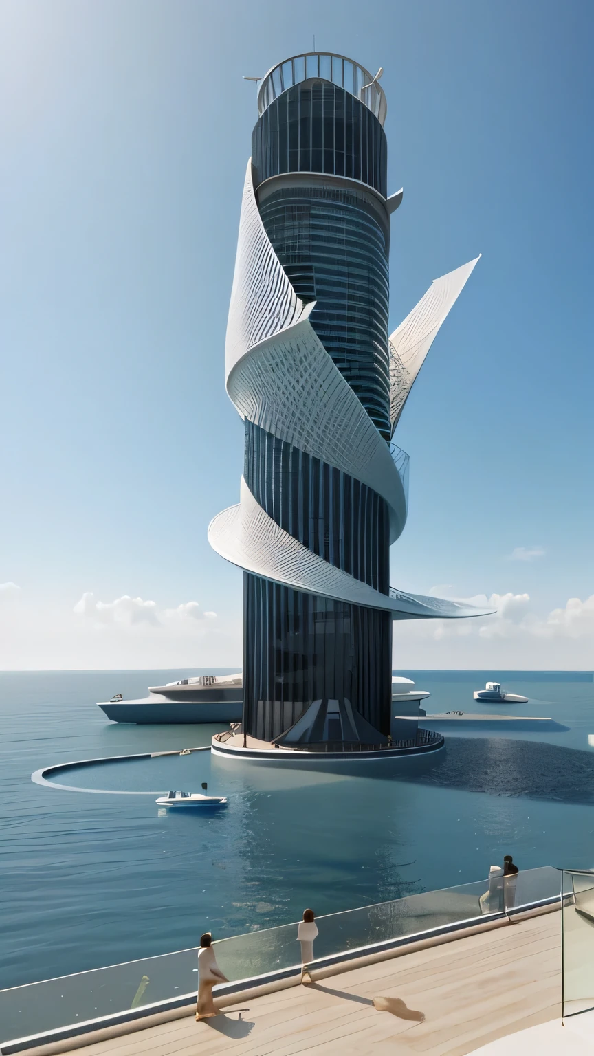 there is a tower ABOVE THE SEA as if it were the tip of an iceberg, com escadas envolventes que chegam ao seu topo. passarelas levam os visitantes da AREIA para ACIMA DO MAR, on a glass walkway to observe the marine life that occurs below your feet. Realistic rendering on a sunny day. 3D Rendering Model, conceptual rendering, Final 3D rendering.
