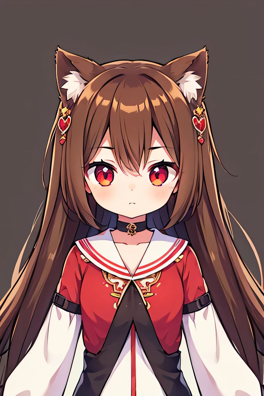 1girl, brown hair, , cat ears, red eyes, hair ornaments, brown shirt, diamond eyes, 8k resolutions, hd resolutions, long hair, small, bodysmall, brown background