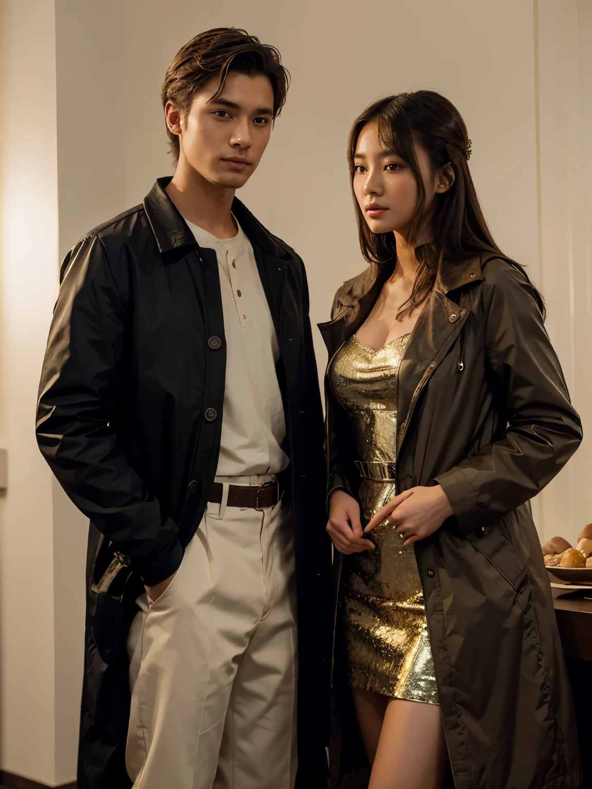 a man and a woman standing next to each other at a Party, an image, inspired by Adam Dario Keel, parka jacket, which is trending in the cg community, beautiful young Korean woman dressed in Long party dress movie screencap, model elisajes from acquamodels