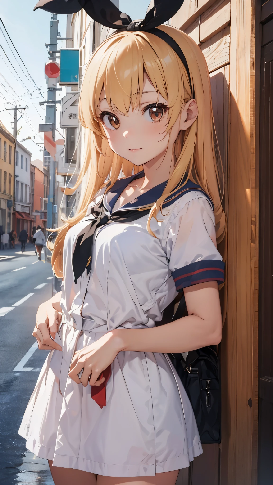 (masterpiece, best quality, highly detailed, ultra detailed, high resolution, absurdres, 4K, 8K:1.2), 
BREAK,shimakaze uniform,  GIRL,Blonde_HAIR,(RED Ribbon on HAIRband:1.2)