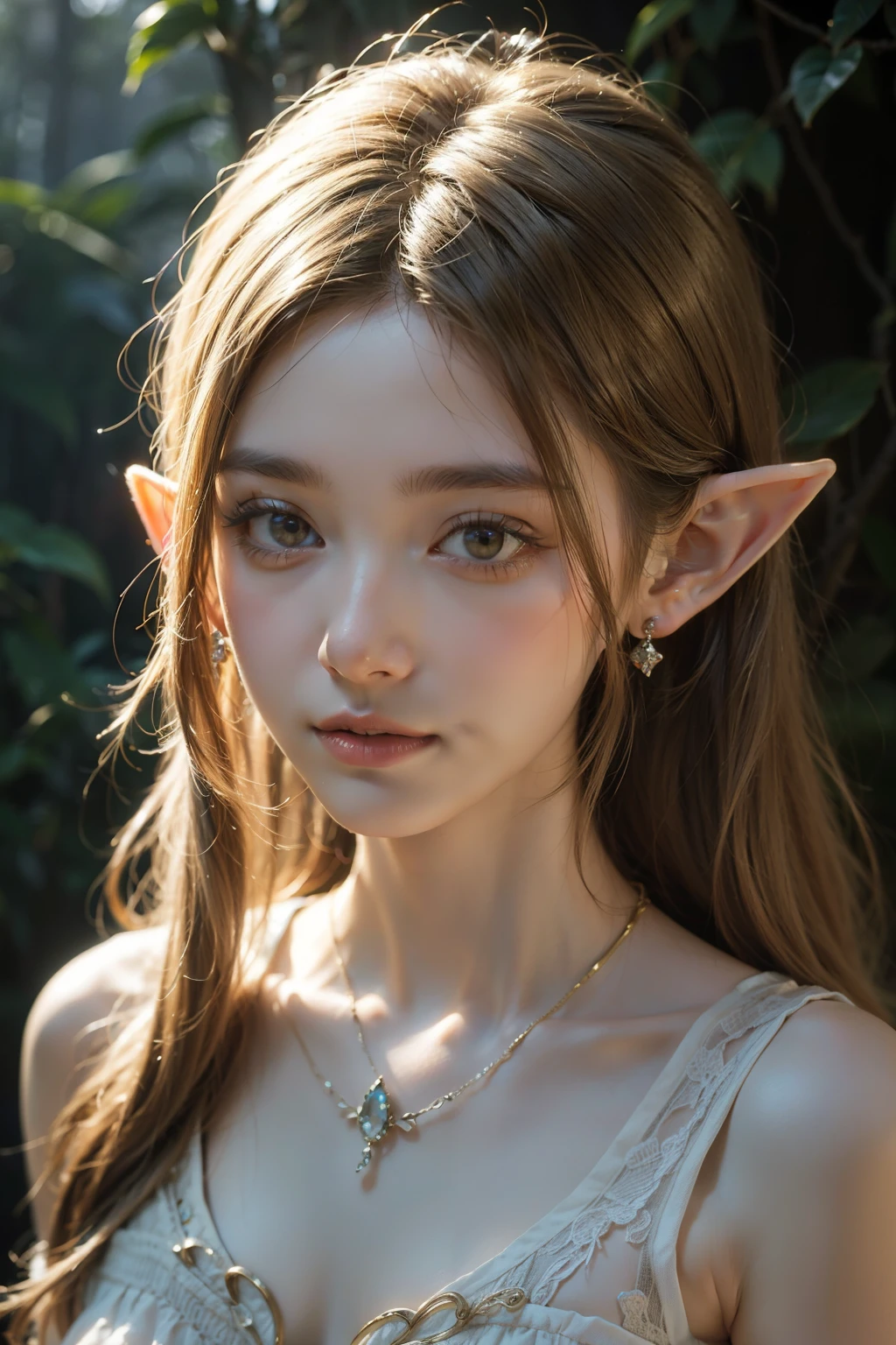 elf portrait,charming beauty,fantasy,ethereal light,pointed ears,Exquisite facial features,Elegant golden white hair,nature-themed clothing,Mysterious atmosphere,soft light,calm expression,With nature,subtle magical elements,serene,intricate jewelry,fantastic quality,pastel colors,