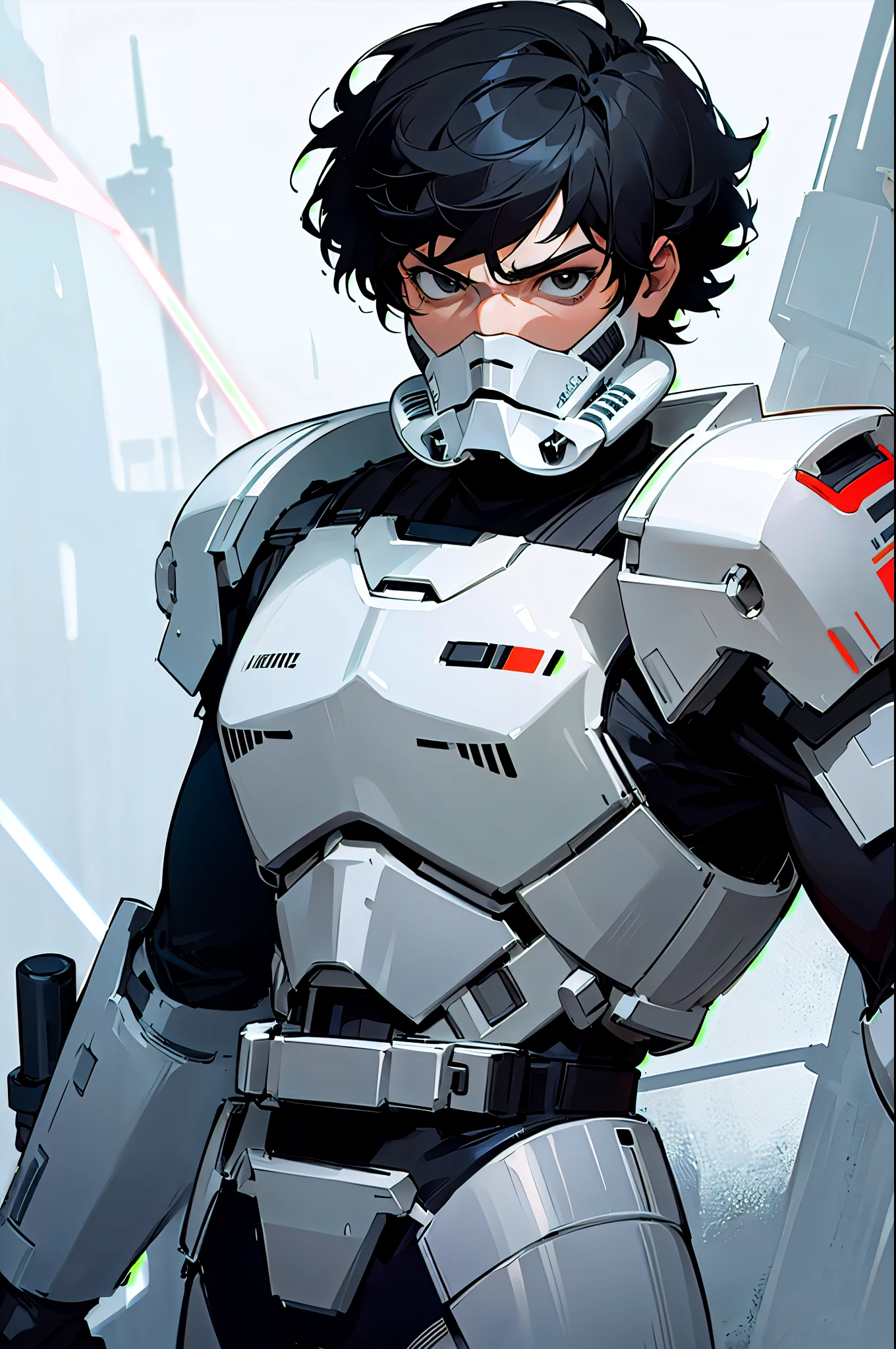 star wars, short hair , black eyes , black hair, serious expression, storm trooper armor,young male, red helmet,