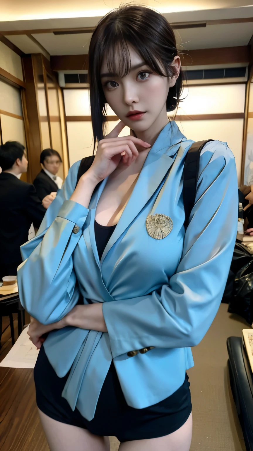 Female yakuza leader active on the streets of Japan, A group of gang members stood behind,angry look,mixed korean,The background is blurred,focal,movie lighting,(((master piece))), ((best quality)), ((complex and detailed)), ((ultra realistic realism)), ridiculous solution, mature woman, mature woman, See-through, very detailed, enlightenment, 1 girl, (huge tit), thin waist and thick hips,long legs,beautiful and fine eyes, short and fine hair, brunette colored hair, purple eyes, (Gangster Suit:1.2),Has tattoos,Big flower arms,Full of tattoos,Japanese Yakuza,Kamami Yamaguchi,Japanese Yamaguchi-gumi,Japanese Yakuza woman,underworld,full tattoo,Gang boss,sunglasses,blood stained the streets,time boss,Appearance full of wounds,bloody violence,sexy and feminine,(No underwear),panties, Detailed background, perfect eyes, enchanting eyes, looking at the viewer,from the front,wear light,