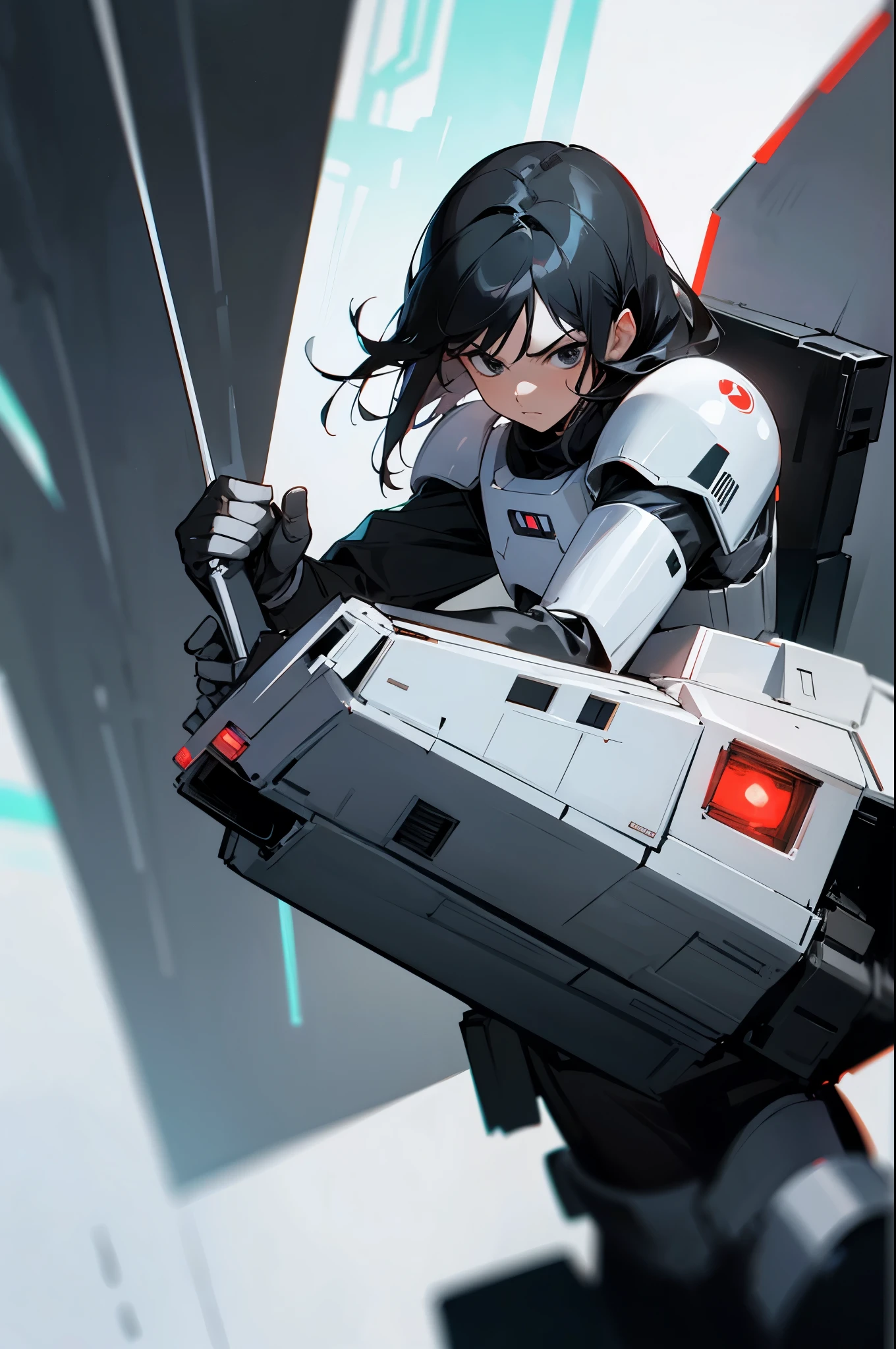 star wars, Medium Length hair , black eyes , black hair, serious expression, storm trooper armor,young male, red helmet,
