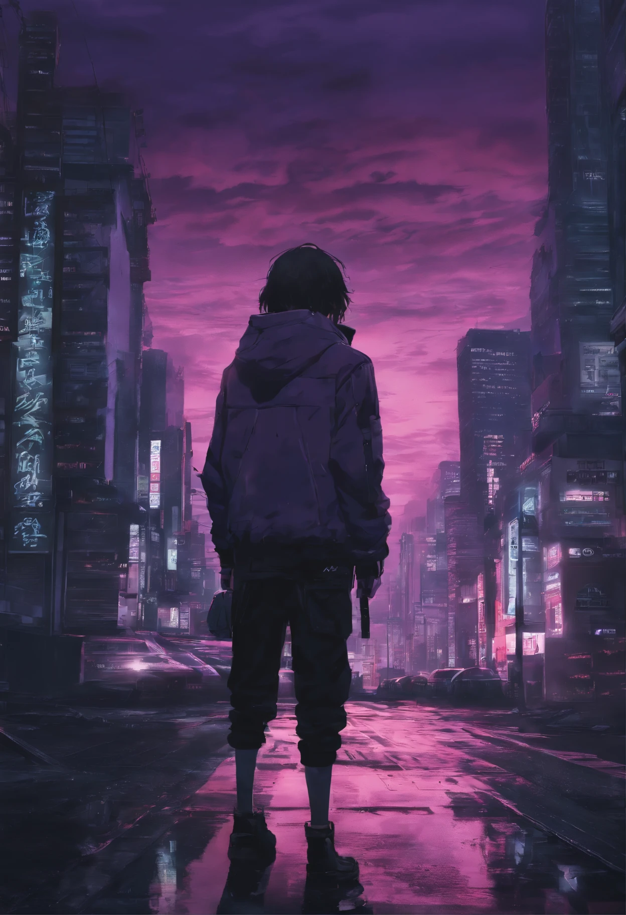 Close-up of the city with neon sunset in the background, Synthwave City, vaporwave city, Synthwave aesthetics, Neon City in the background, Background of Neo Tokyo, Neon metropolis in the background, Futuristic urban background, cyberpunk aesthetics, The city's backstory is cyberpunk, Purple Cyberpunk City, cyberpunk city background, cyberpunk aesthetics, cyberpunk atmosphere, Cyberpunk cityscape,anime clouds, Anime background, anime sky, in style of makoto shinkai, Beautiful puffy clouds. the anime, style of makoto shinkai, makoto sinkai!, beautiful anime scenery, based on Makoto Shinkai, Anime Landscape Wallpaper, makoto sinkai!!, Makoto Shinkai art style,japanaese girl,pale skin,beatiful face(purple hair)red jacket,Tokyo at night, with Cyberpunk style,Japanese streetwear,Tokyo Fashion,In a Cyberpunk 2 jacket 0 7 7,Full-length,attractive pose,Bottom view