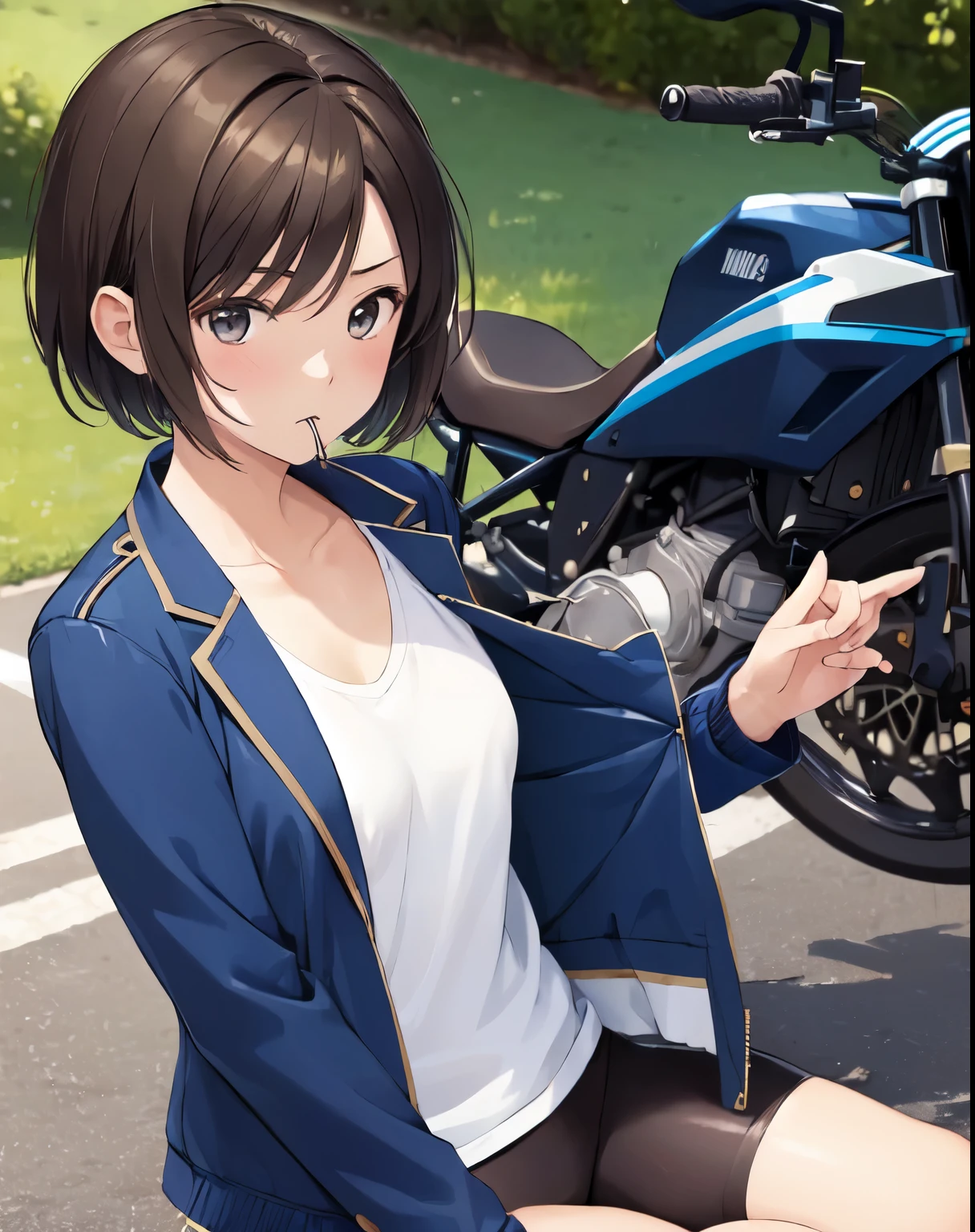 (((masterpiece))), Shizuka Mikazuki, 1 girl, alone, looking at the audience, short hair, brown hair, long sleeves, split, medium breasts, Keep your mouth shut, clavicle, jacket, open clothes, open jacket, blue jacket, ground vehicle, exercise well, bike,