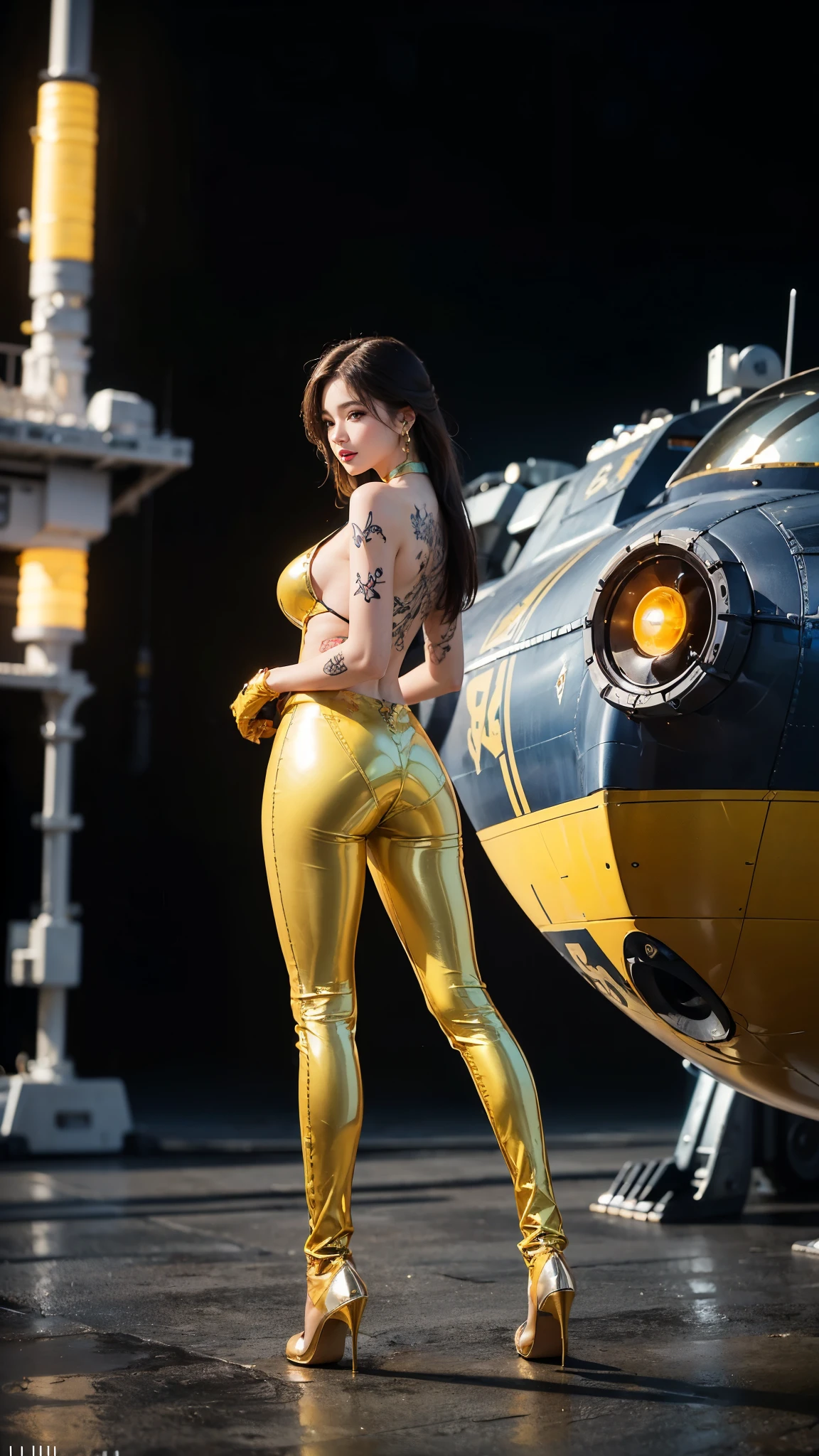 ((masterpiece:1.4)、(highest quality:1.4)、(realistic:1.7))、master piece:1.4、(Finest rendering:1.4)、(Yuki, the beautiful navigator of Space Battleship Hikari:1.4)、Super beautiful航海士Yuki、(Written by Luis Royo:1.4)、(Uniforms that highlight your beautiful style:1.2)、(Futuristic sci-fi battle fashion:1.2)、(street style wear)、(tight fit pants)、(Luxurious shiny latex:1.4)、(luxury yellow latex:1.4)、19 years old、(cute tattoo:1.4)、(wearing yellow gloves)、cute girl、Super beautiful、(seductive pose)、sharp focus、portrait photography:1.4、8k、realistic photo images:1.4、(perfect female body:1.4)、perfect proportions、(standing:1.4)、(full body photography:1.4)、beautiful face、fearless look、beautiful eyes、(A girl with a beautiful body that emphasizes her slender abdominal muscles)、narrow waist、(9 life size beautiful style girl)、(Beautiful girl with long legs and good style:1.4)、beautiful feet、(long hair:1.2)、dark makeup、eye shadow、Glow eye、glow lip、beautiful breasts、big breasts:1.2、sexy butt、(standing facing forward:1.4)、Raw photo、red lips、yellow high heels:1.4、choker:1.4、necklace:1.4、earrings:1.4、1 screen display、Space Battleship Hikari's bridge:1.2