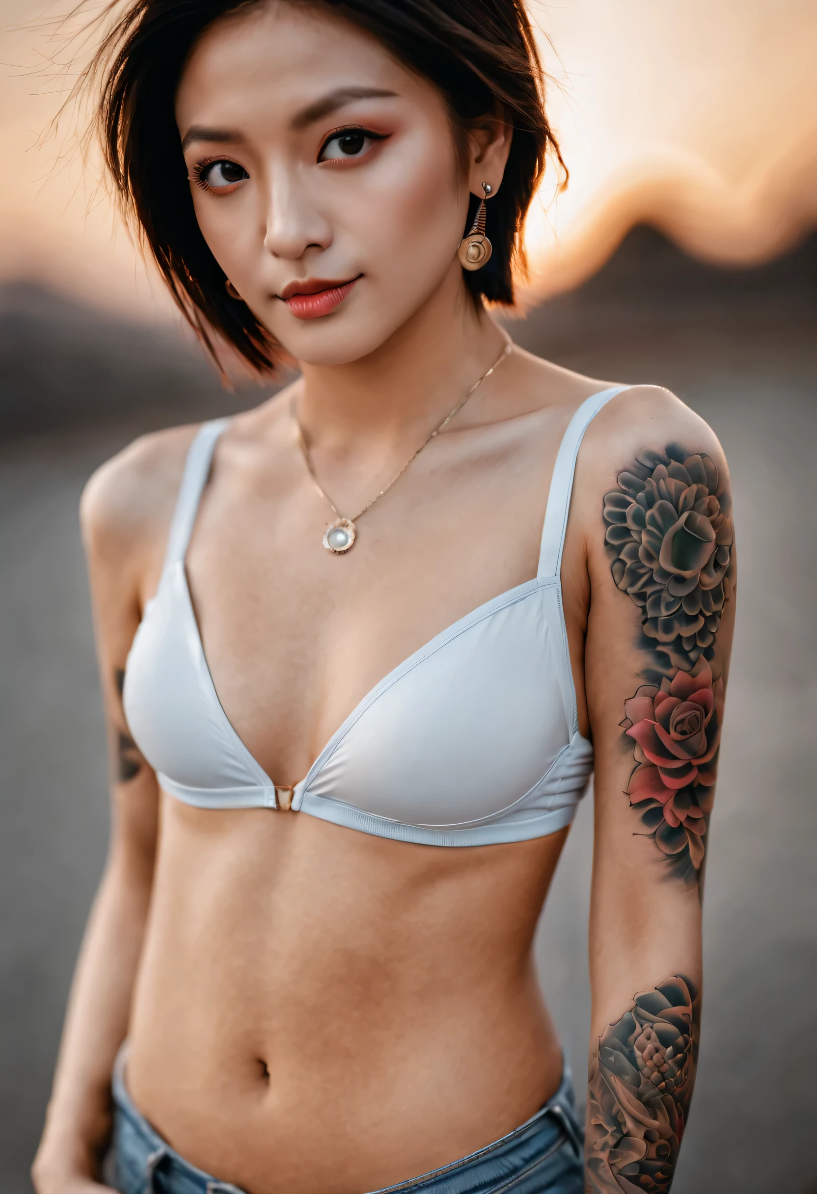 HDR, UHD, 64k, polychromatic neon, very far shot, portrait of an attractive single Asian girl with highly detailed full body multi colored tattoos, medium-sized breasts and juicy cleavage, anatomically correct, detailed eyes, finely detailed features, perfect body, perfectly tanned skin, highly detailed full body multi colored tattoos, head to toes, masterpiece, detailed, edgy, dramatic, confident, mirrorless, ultra-wide angle, sunset, lifestyle editorial, black and white, high, backlit, blending, smooth, serious, detailed expressions, detailed eyes, RTX, sharp, sharp focus, highly detailed full body multi colored tattoos