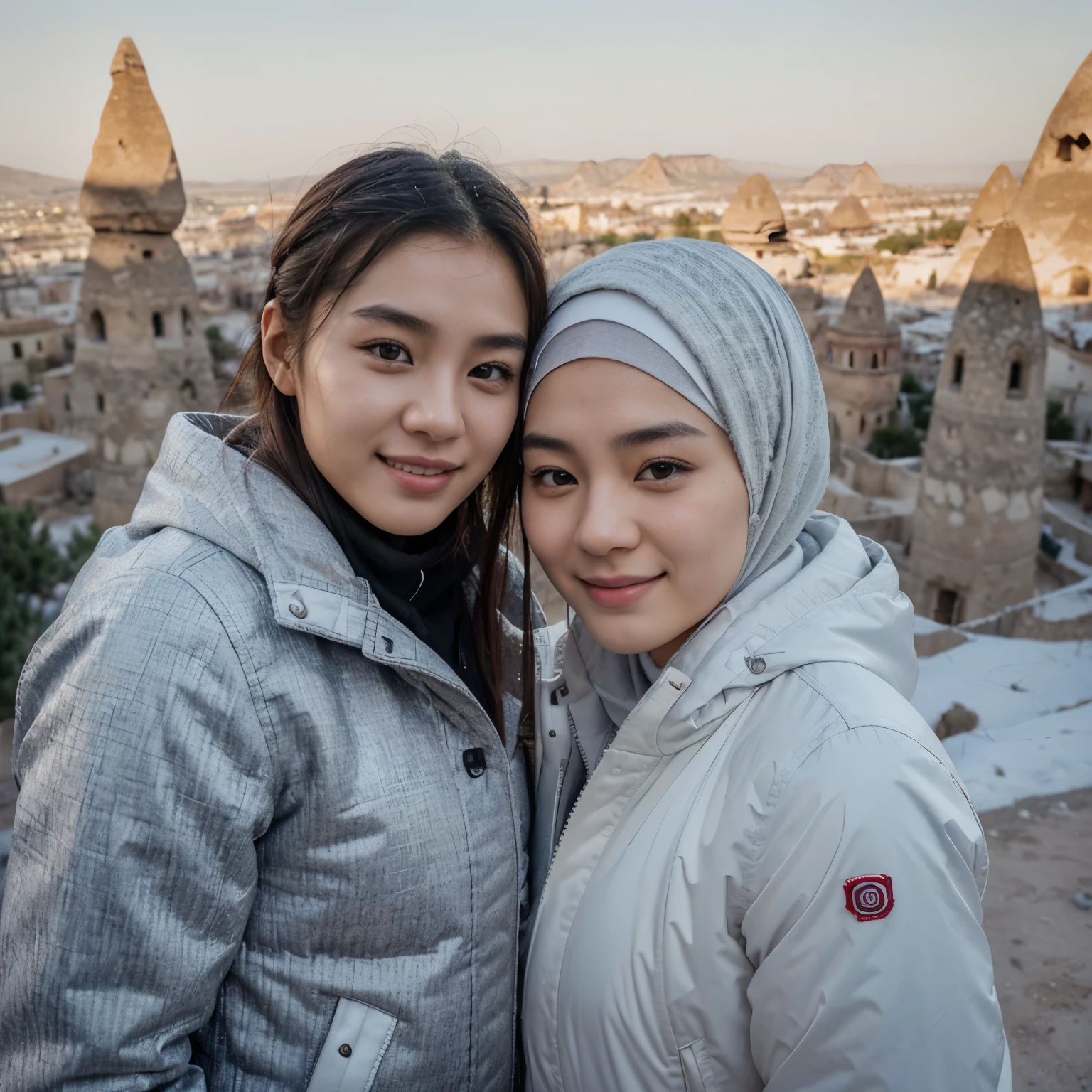 (8K, RAW Photos, Photography, Photorealistic, Realistic, Highest Quality, Intricate Detailedium shot of a 25 year old korean man, fit body, ideal body, oval face, white skin, nature skin, medium hair, wearing a winter jacket, side by side with a 25 year old korean woman with white hijab, gray winter jacket, they smile facing the camera, eye to camera, eye level angle with Cappadocia view in the background.