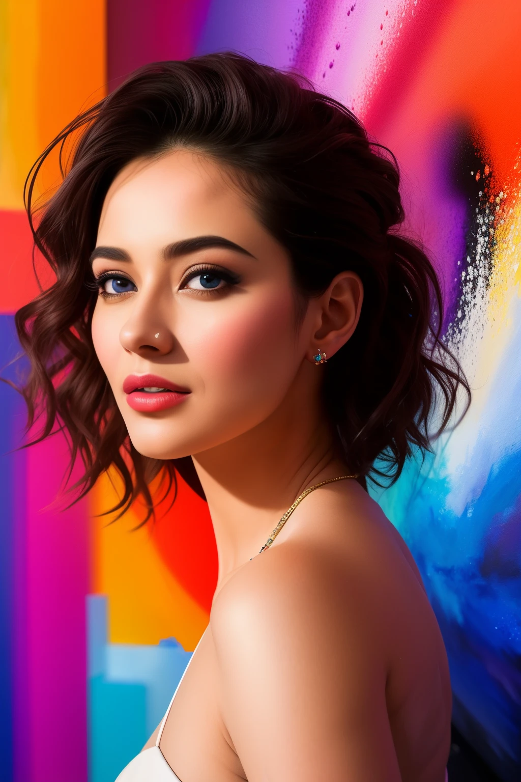 Frame the influencer in an awe-inspiring image as she immerses herself in a contemporary art installation, engulfed by a symphony of vibrant colors and abstract shapes. Utilize dynamic angles and innovative framing to accentuate the intricate interplay of light and shadow, keeping the model as the undeniable centerpiece of the composition. This masterpiece, praised for its hyper-realistic lifelike texture and fine detail, encapsulates the essence of artistic exploration and creative expression, making it a trending sensation on art platforms and Exhibition halls. {Hyper-Realistic: 1.5}, {Masterpiece: 1.8}, {Top Quality: 1.3