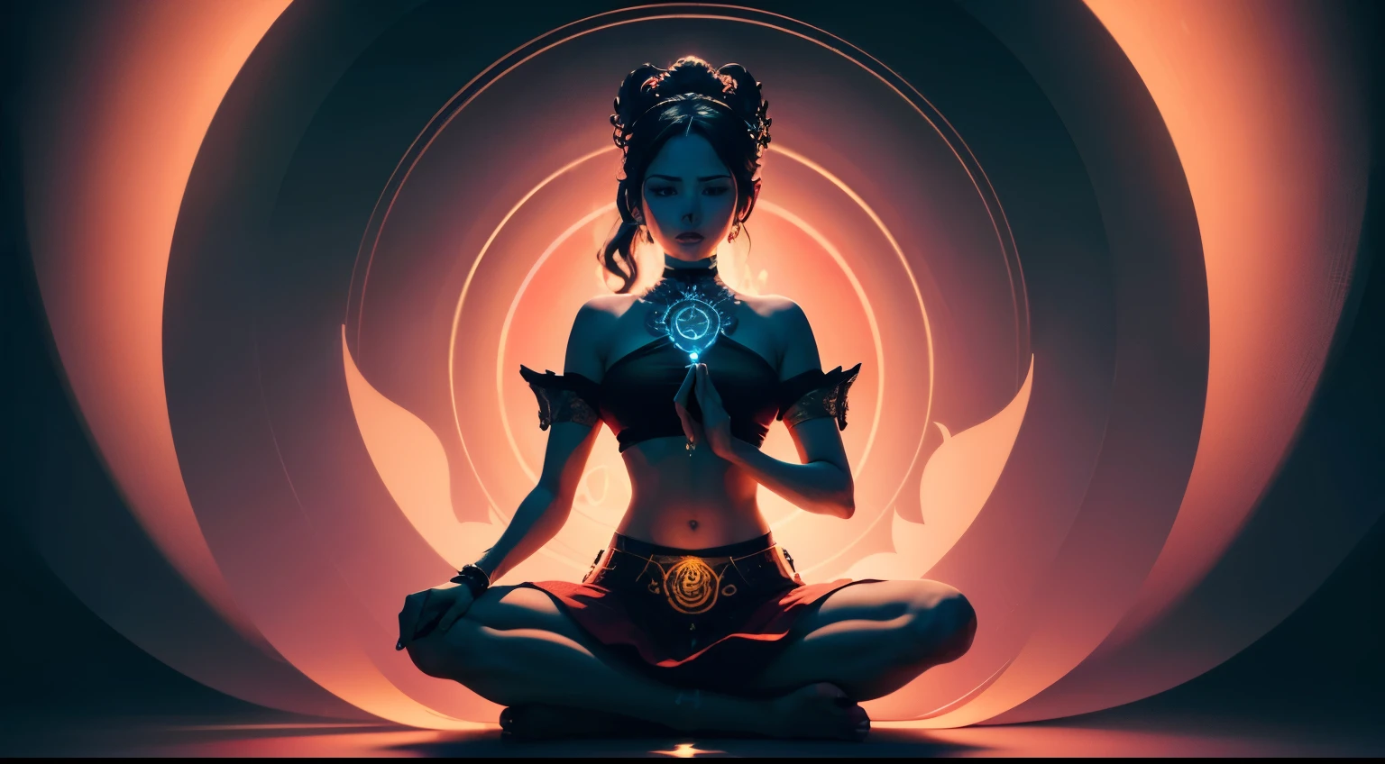 (papel de parede extremamente detalhado da unidade CG 8k, flutuando, high saturation), a masterpiece of uma imagem, melhor qualidade, ultra-detalhado, extremamente delicado e lindo, a silhouette of uma pessoa sitting in a lotus position, meditando, with visual emphasis on the main chakras and their vibrant colors.