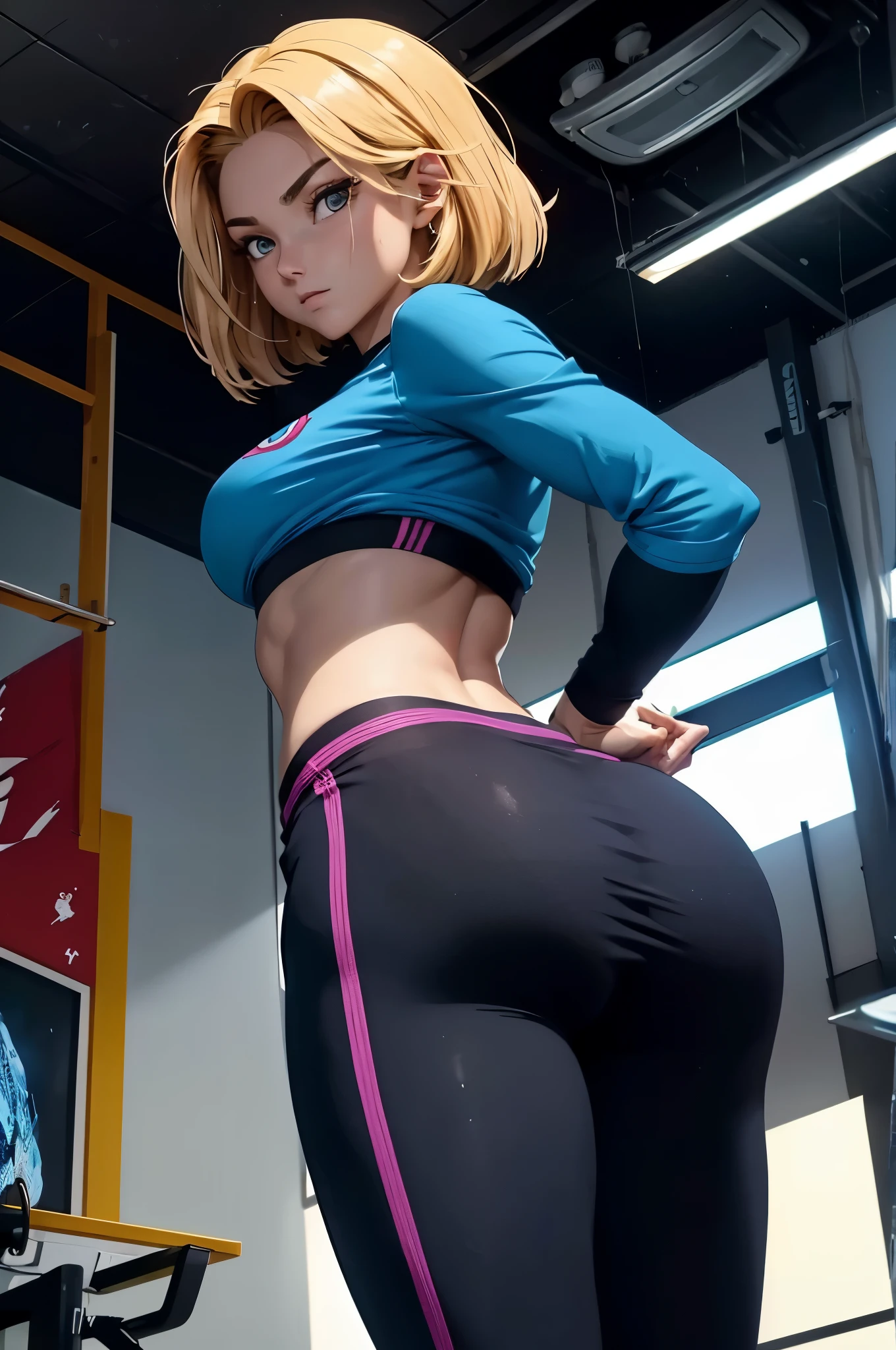 gym, levantando pesos, fazendo exercicio, Slender Japan、Cor de cabelo claro、uma loira、olhos de verd、de pele branca、fotos realistaesa, melhor qualidade,, absurdo, Lindo Android 18、.....BD, Sozinho, SEXO, legging , Bolsa de cinto, coletes,Camisetas、colar, legging, pedra, volumetric lighting, melhor qualidade, mesa, detalhes intrincados, mapeamento de tom, sharp focus, hiper detalhado, trends in art stations, Roupas danificadas, peitos para fora, Corpo fino, boa anatomia, Buttocks and curves,、a pose、ao ar livre, gym, levantando pesos, cyberpunk