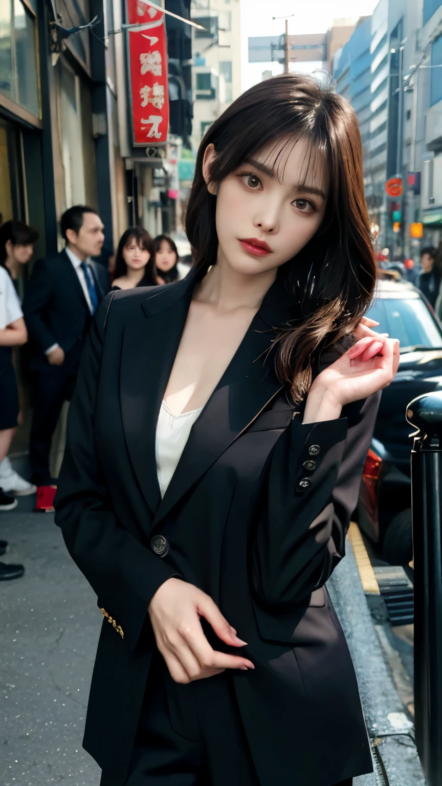 A woman standing in the streets of Ginza、Wearing a dark blue women's suit、The wind is blowing、A bag is hanging from the right shoulder、Beauty、20-year-old、university student、Uniform, cool-looking eyes、Well-balanced proportionedium build、Small face、Small breasts、Small Ass、The neck is short、Uniform left and right eyes、, black hair, long hair, messy hair, floating hair, earrings, parted lips, happy, seductive smile, symbol-shaped pupils, Surrealism, Verism, cinematic lighting, first-person view, f/1.2, Nikon, UHD, best quality, highres, 8k, anatomically correct, textured skin, high details