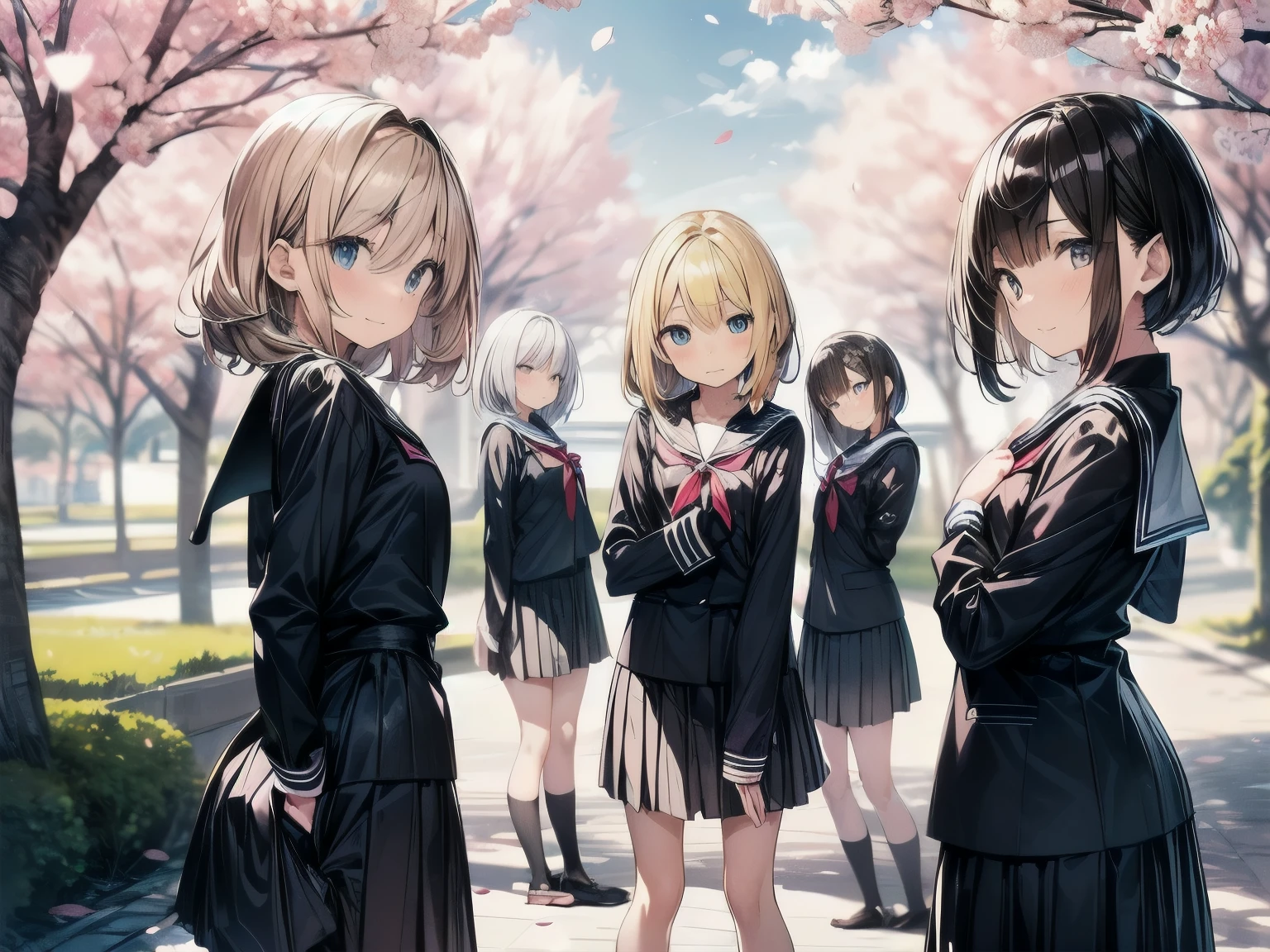 ((Note that every character's face, hair color, and hairstyle is different, so create with care.) The school uniforms are the same for everyone.:1.5), BREAK (Please create a scene where a high school boy is being confessed to by four middle school girls at the same time. The high school boy is shown from the back, his expression a mix of embarrassment and confusion. He stands in the schoolyard, with blooming cherry blossom trees behind him, and the spring sunshine and falling cherry blossom petals enveloping his head. The four middle school girls are all looking at the high school boy with eyes full of love and expectation. They each have different hairstyles and hair colors, emphasizing their individuality. One has long black hair, another has short blonde hair, another has brown bobbed hair, and the last one has red twin-tails. The scene is depicted in a high-quality, highly detailed Japanese anime style, with meticulous attention to the details of the background, the expressions of the characters, their outfits, and so on. In particular, please emphasize the high school boy's confusion and shyness, the courage and anticipation of the middle school girls' confessions, and the individuality and beauty of each girl.:1.4), (Wearing Long-sleeved school uniforms:1.35), BREAK, (highly detail face), kawaii, bishoujo, (14 years old), shiny white skin, transparent skin, Beautiful realistic skin texture, (symmetrical eyes, highly beautiful detailed eyes:1.2), big eyes, (light makeup, blush, glossy lips, pink lips:0.7), perfect fingers, nice hands, perfect hands, nice legs, nice feet, (anatomically correct, perfect anatomy), 4 fingers, 1 thumb, 2arns, (2 legs:0.6), BREAK (depth of field;1.2), (highly detailed backgraound:1.3), BREAK (Draw with delicate and soft lines), (8k, UHD, best quality:1.2), (High resolution, ultra realistic details), Originality, Attention to detail,