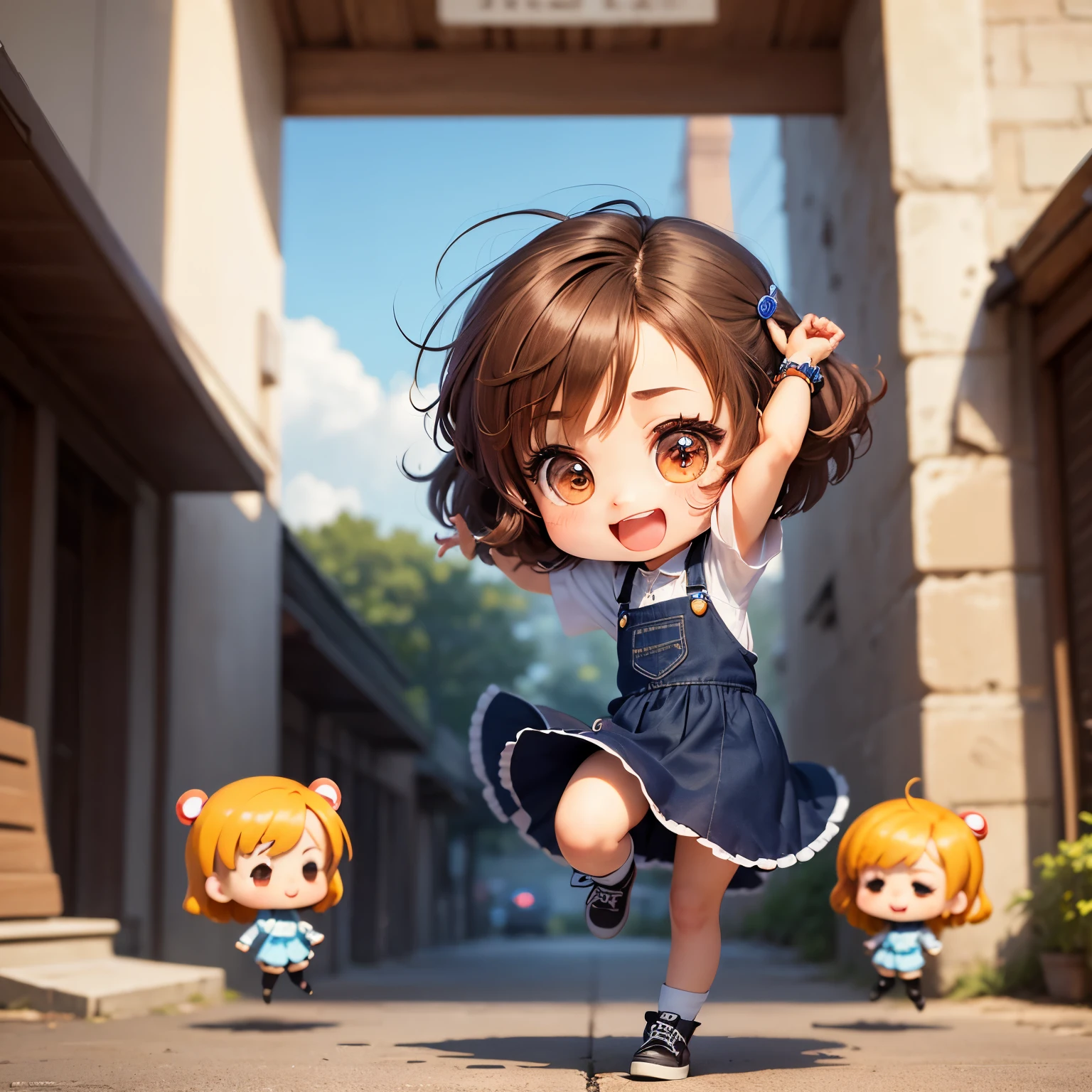 masterpiece、top-quality、ultra-detailliert、(Chibi Chara's Female Girl:1.2)、Brown bob swaying in the wind、Blue Wraith、Jumping Kick、full body Esbian、Open your mouth and smile、