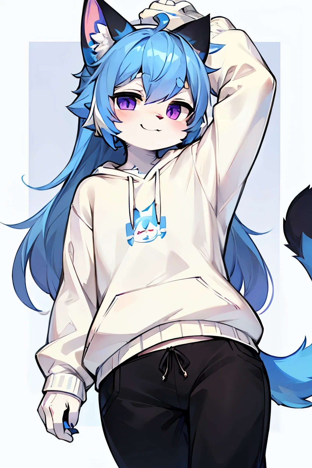 Cat，hairy，furry，bust avatar，Colorful Patterned White Sweatshirt，Black casual pants with white stripes，Q version，cute，Simple art style，Cartoon style，purple eyes，Cheerful，happy，Ears with blue hair and ear tips with white hair，blue hair on back，Tail blue with white tip，