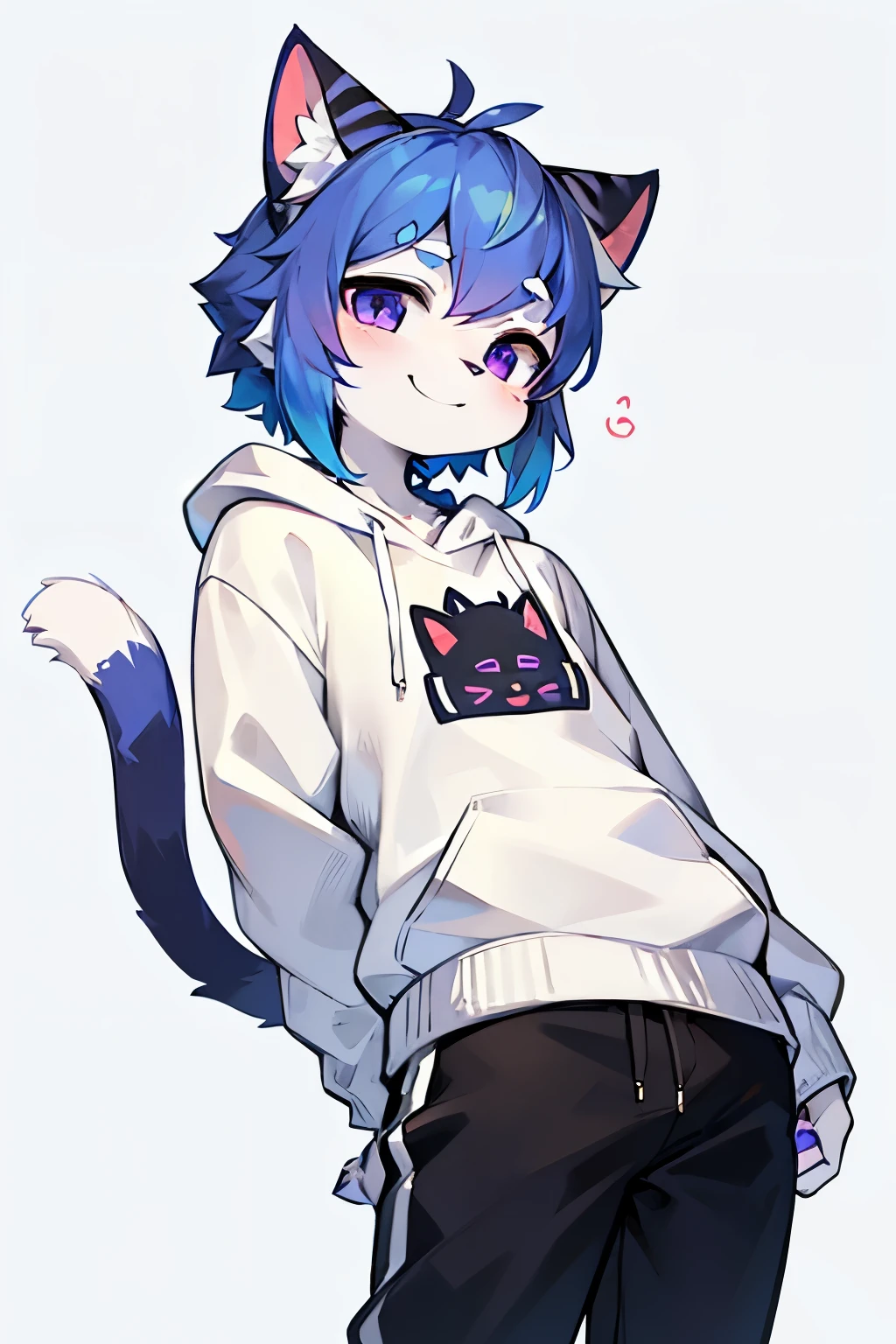 Cat，hairy，furry，bust avatar，Colorful Patterned White Sweatshirt，Black casual pants with white stripes，Q version，cute，Simple art style，Cartoon style，purple eyes，Cheerful，happy，Ears with blue hair and ear tips with white hair，blue hair on back，Tail blue with white tip，