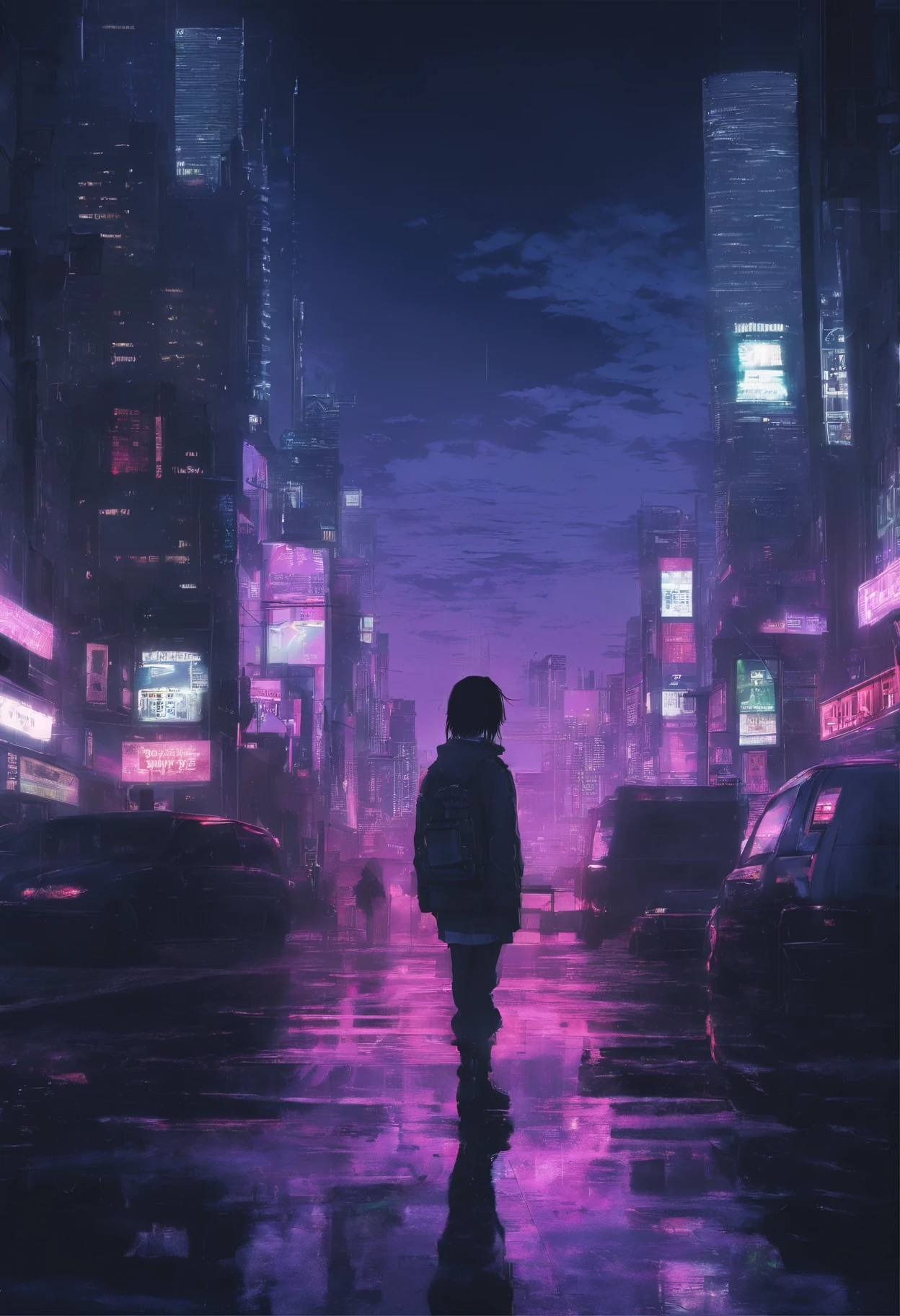 Close-up of the city with neon sunset in the background, Synthwave City, vaporwave city, Synthwave aesthetics, Neon City in the background, Background of Neo Tokyo, Neon metropolis in the background, Futuristic urban background, cyberpunk aesthetics, The city's backstory is cyberpunk, Purple Cyberpunk City, cyberpunk city background, cyberpunk aesthetics, cyberpunk atmosphere, Cyberpunk cityscape,anime clouds, Anime background, anime sky, in style of makoto shinkai, Beautiful puffy clouds. the anime, style of makoto shinkai, makoto sinkai!, beautiful anime scenery, based on Makoto Shinkai, Anime Landscape Wallpaper, makoto sinkai!!, Makoto Shinkai art style,japanaese girl,pale skin,beatiful face(purple hair)red jacket,Tokyo at night, with Cyberpunk style,Japanese streetwear,Tokyo Fashion,In a Cyberpunk 2 jacket 0 7 7,Full-length,attractive pose,Bottom view